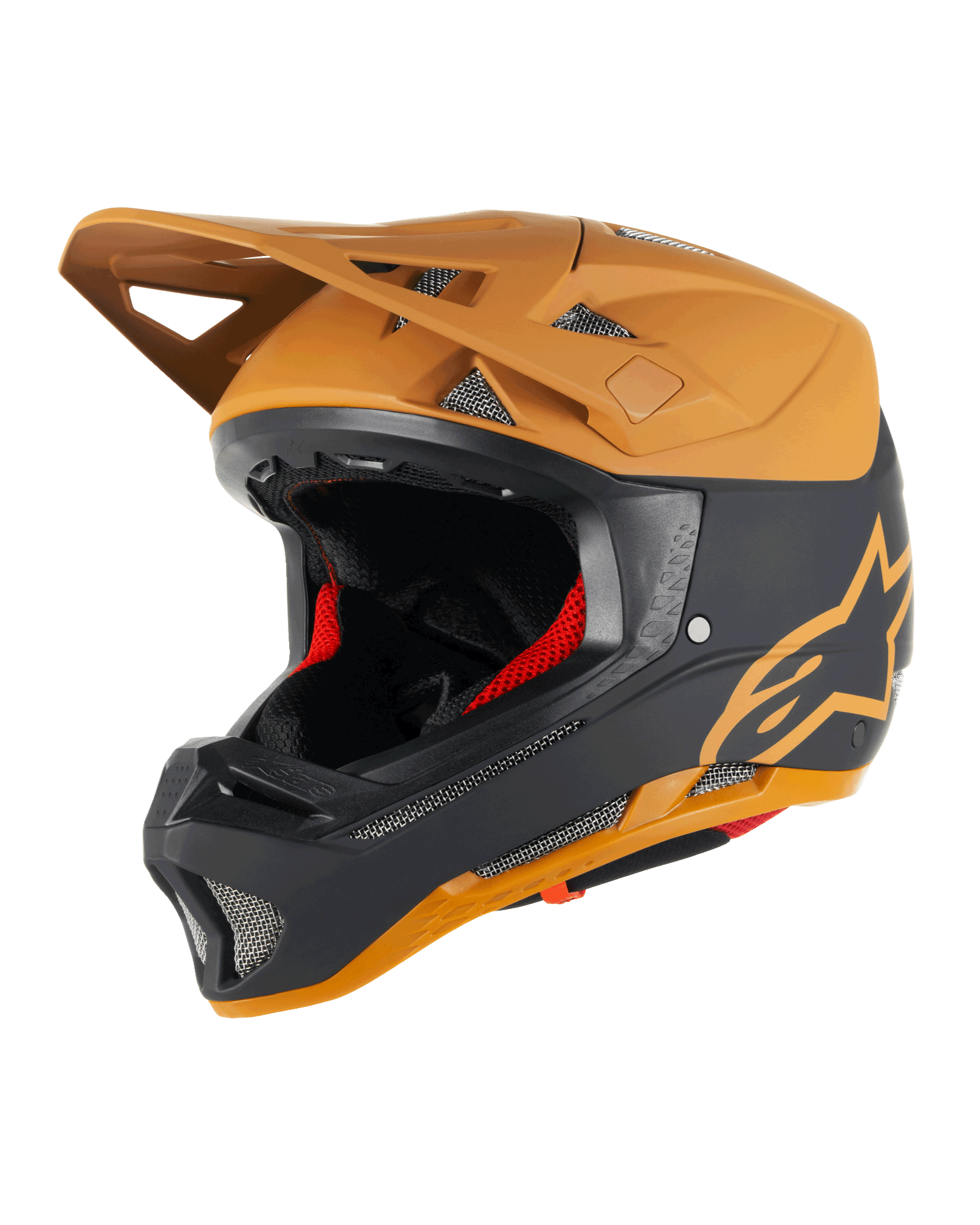 Alpinestars Missile Tech Racer Helmet, casque intégral de VTT, noir et or foncé mat, finition mate avec logo étoile doré, rembourrage intérieur rouge, aérations en mesh argenté pour le flux d'air, visière angulaire, équipement de protection pour le VTT de descente