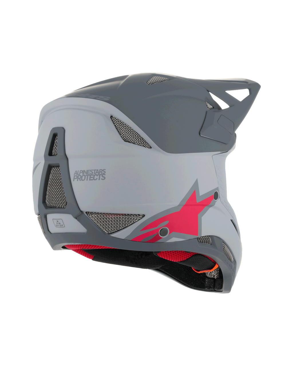 Casque Alpinestars Missile Tech Racer, casque VTT intégral, gris clair et gris foncé mat avec logo étoile rouge, vue arrière de côté montrant les grilles d'aération et le profil épuré, protection pour le VTT de descente