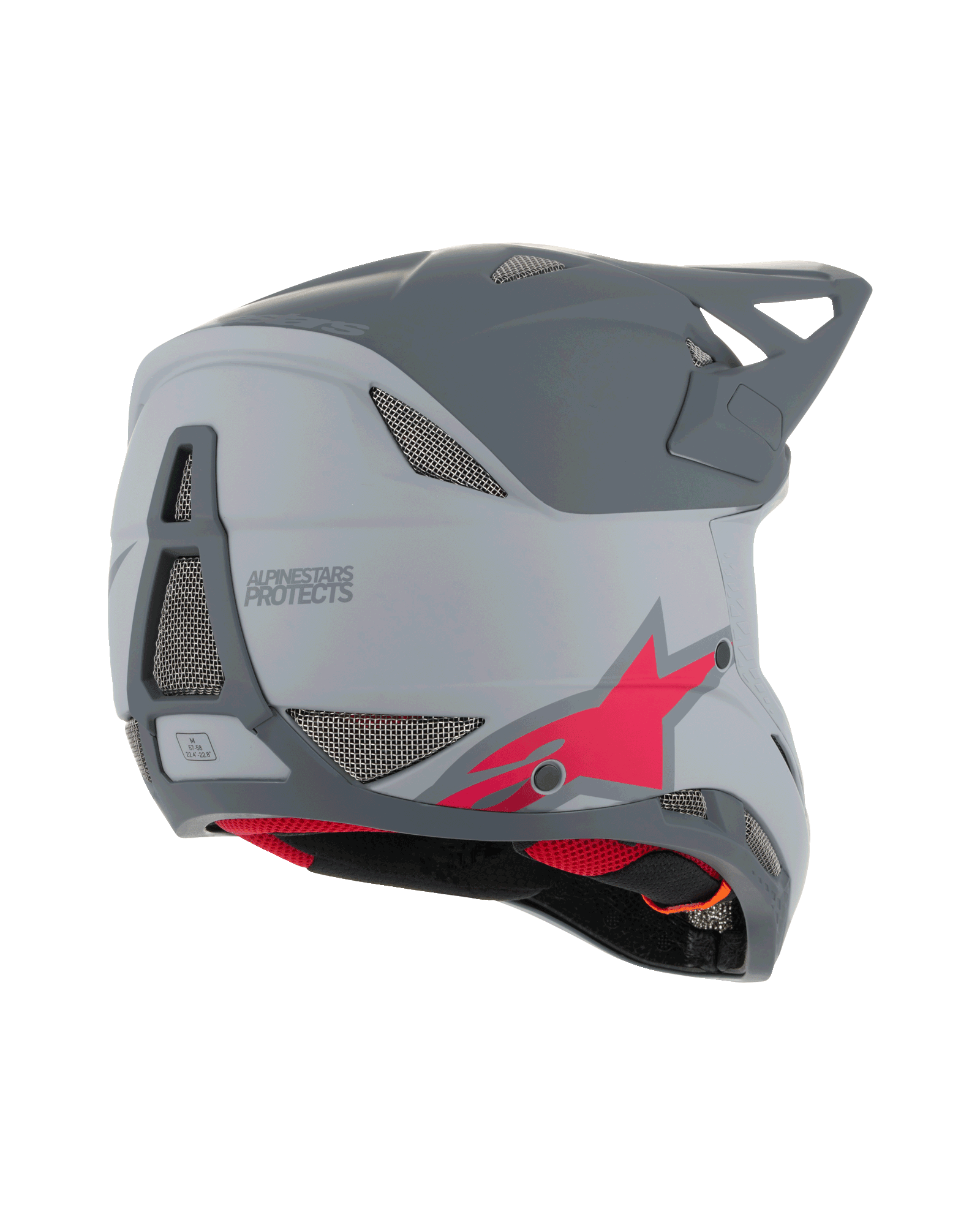 Casque Alpinestars Missile Tech Racer, casque VTT intégral, gris clair et gris foncé mat avec logo étoile rouge, vue arrière de côté montrant les grilles d'aération et le profil épuré, protection pour le VTT de descente