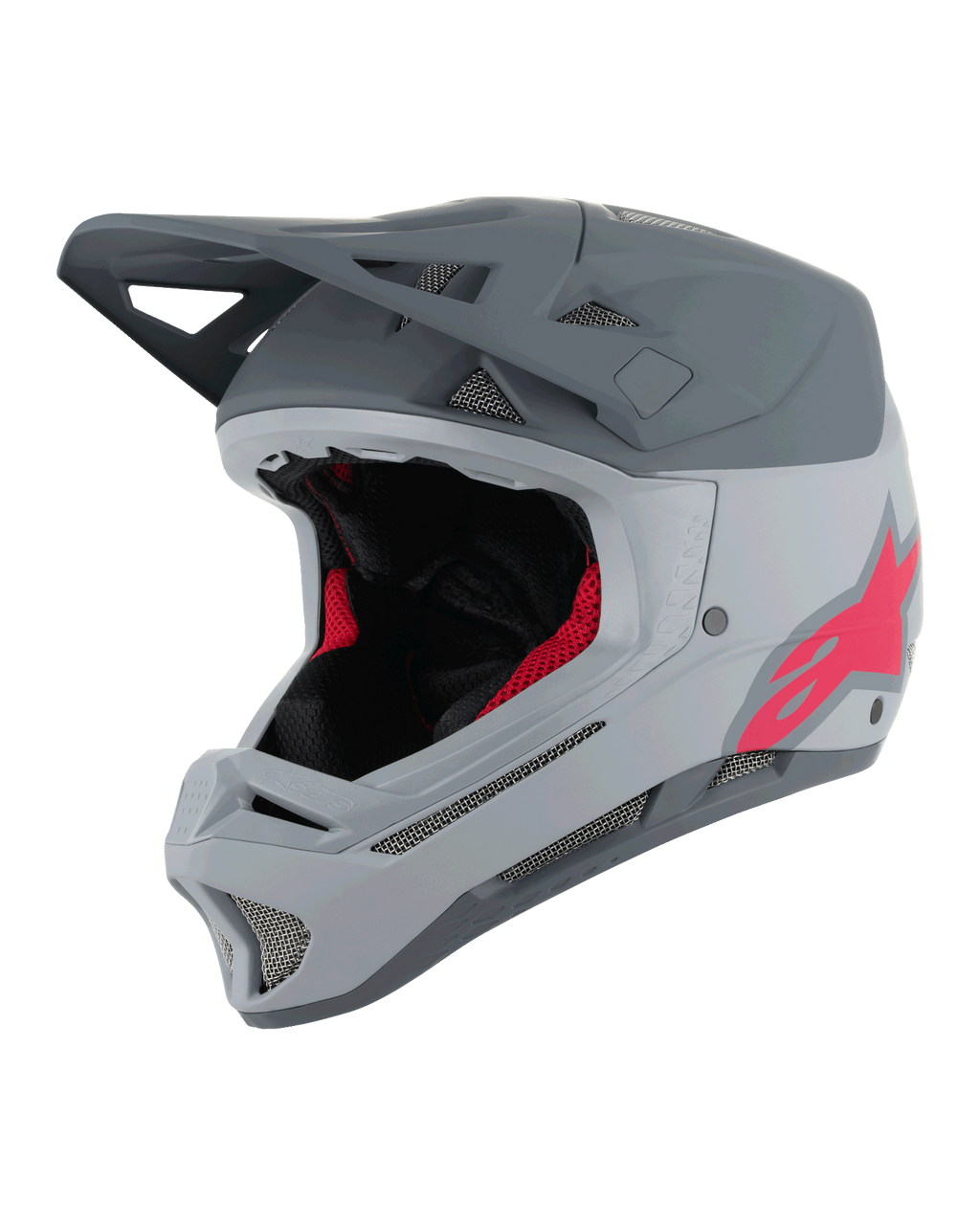 Alpinestars Missile Tech Racer Helmet, casque intégral de VTT, gris clair et gris foncé mat avec logo Astars rose, visière aérodynamique, multiples aérations avec maille, rembourrage intérieur noir et rouge, équipement de VTT de descente