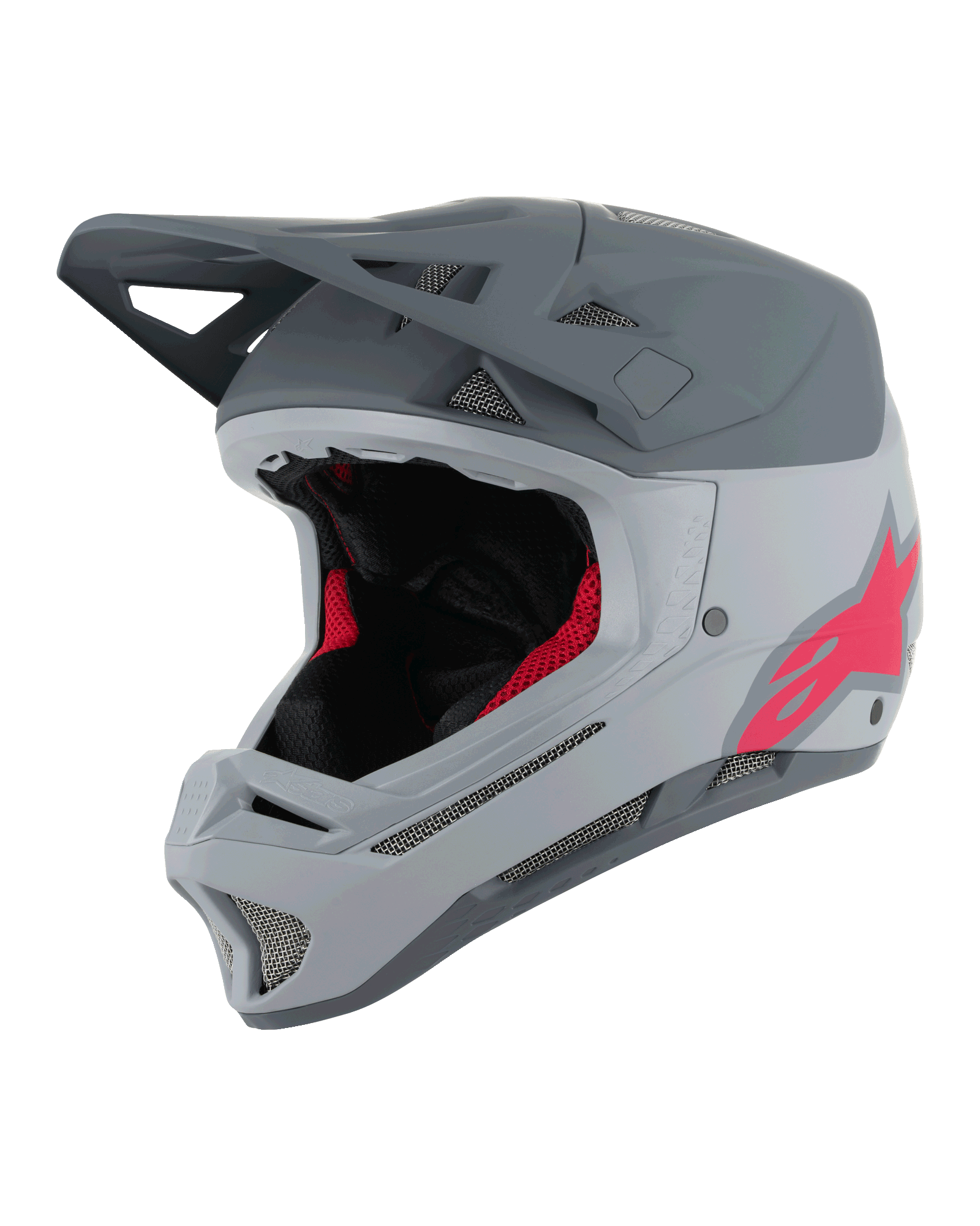Alpinestars Missile Tech Racer Helmet, casque intégral de VTT, gris clair et gris foncé mat avec logo Astars rose, visière aérodynamique, multiples aérations avec maille, rembourrage intérieur noir et rouge, équipement de VTT de descente
