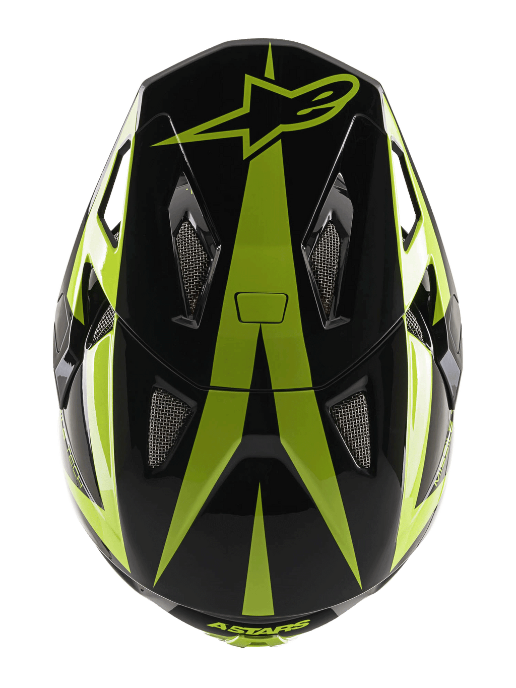 Alpinestars Missile Tech-Air Full Face Helmet, MTB Helmet, Black and Yellow Fluo Glossy, top-down view showing star logo and mesh ventilation vents
