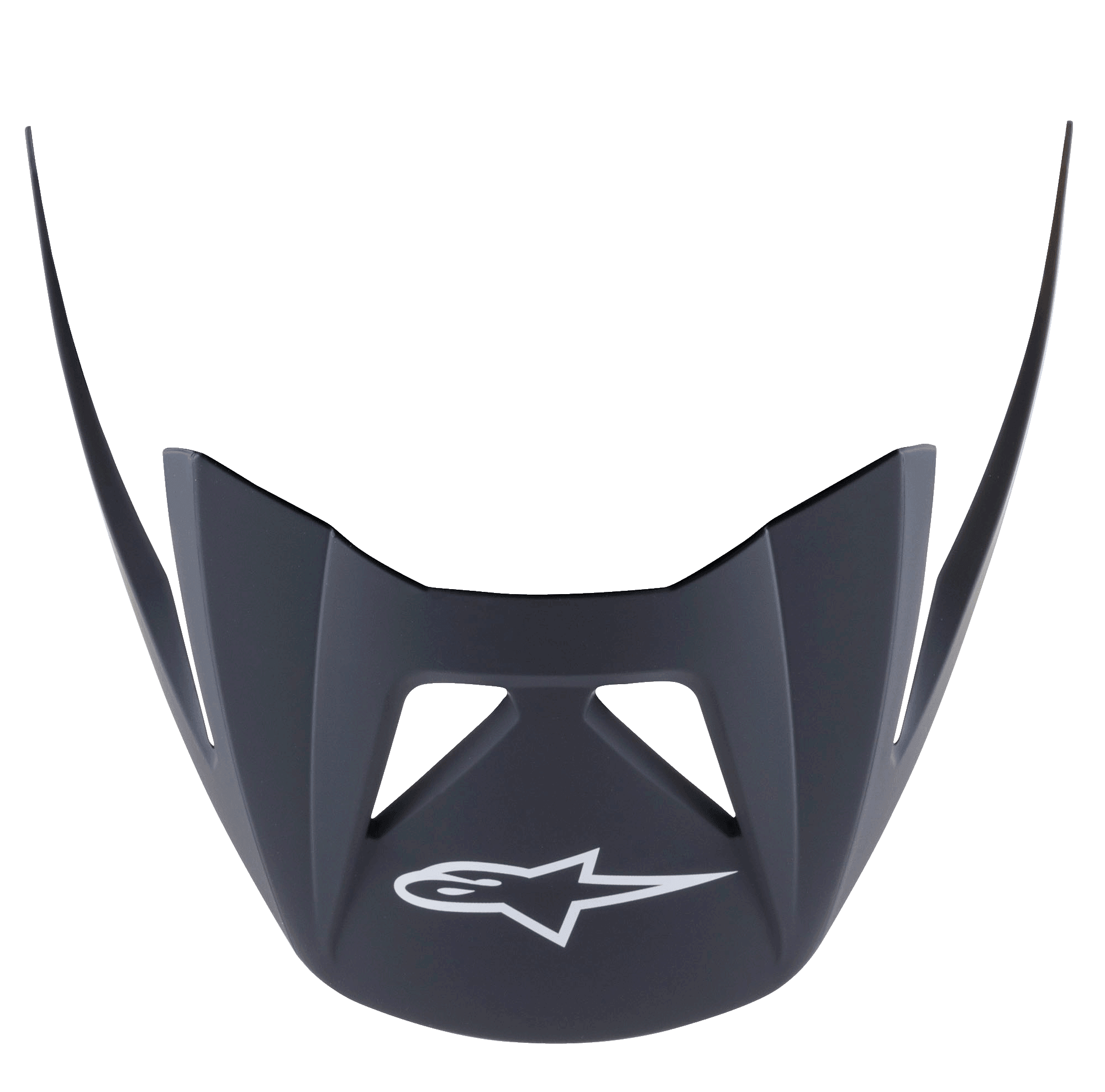 Alpinestars Visor Vector Pro A2, MTB Helmet Replacement Visor, Ebony Matt Black, featuring a white Astars logo on the front, angular aerodynamic shape with ventilation cutouts, matte plastic finish
