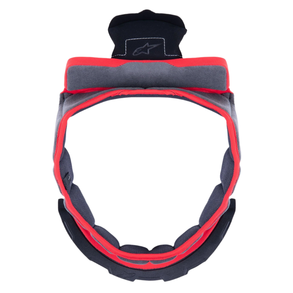 Soussinet de calotte Alpinestars Supertech R10, rembourrage intérieur de rechange pour casque, gris, forme circulaire avec bordure rouge et tissu gris, doté de composants de fixation en plastique noir avec le logo Alpinestars, conçu pour le confort et la personnalisation de l'ajustement du casque de moto