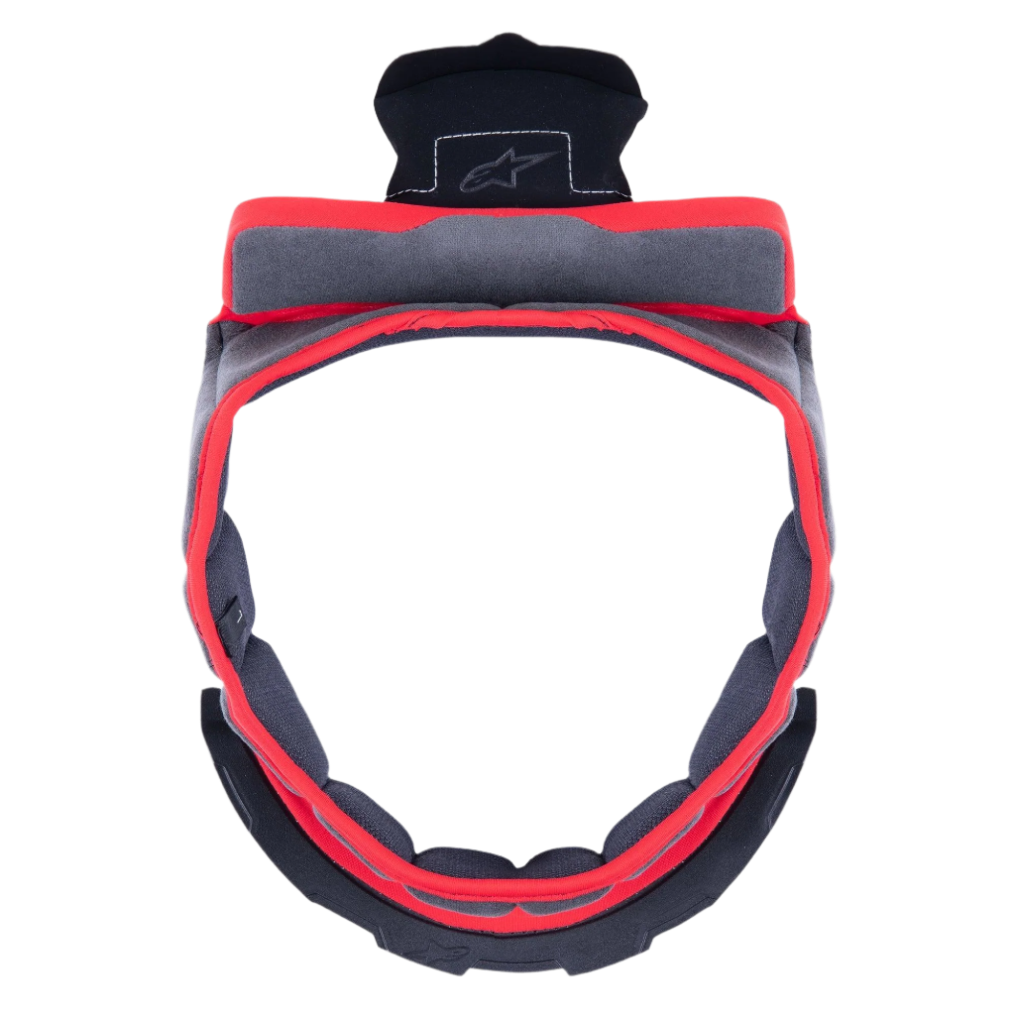 Soussinet de calotte Alpinestars Supertech R10, rembourrage intérieur de rechange pour casque, gris, forme circulaire avec bordure rouge et tissu gris, doté de composants de fixation en plastique noir avec le logo Alpinestars, conçu pour le confort et la personnalisation de l'ajustement du casque de moto