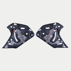 Alpinestars Supertech R10 Shield Mechanism, accessoire pour casque, noir, paire de mécanismes de visière de rechange pour casques S-R10, composants complexes en plastique noir avec pièces mécaniques visibles en métal et orange, matériel essentiel au fonctionnement de l'écran du casque.