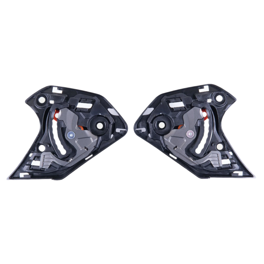 Mécanisme d'écran Alpinestars Supertech R10, paire de mécanismes de visière de remplacement noirs, composants gauche et droit avec pivots mécaniques et points de fixation pour casques de moto S-R10