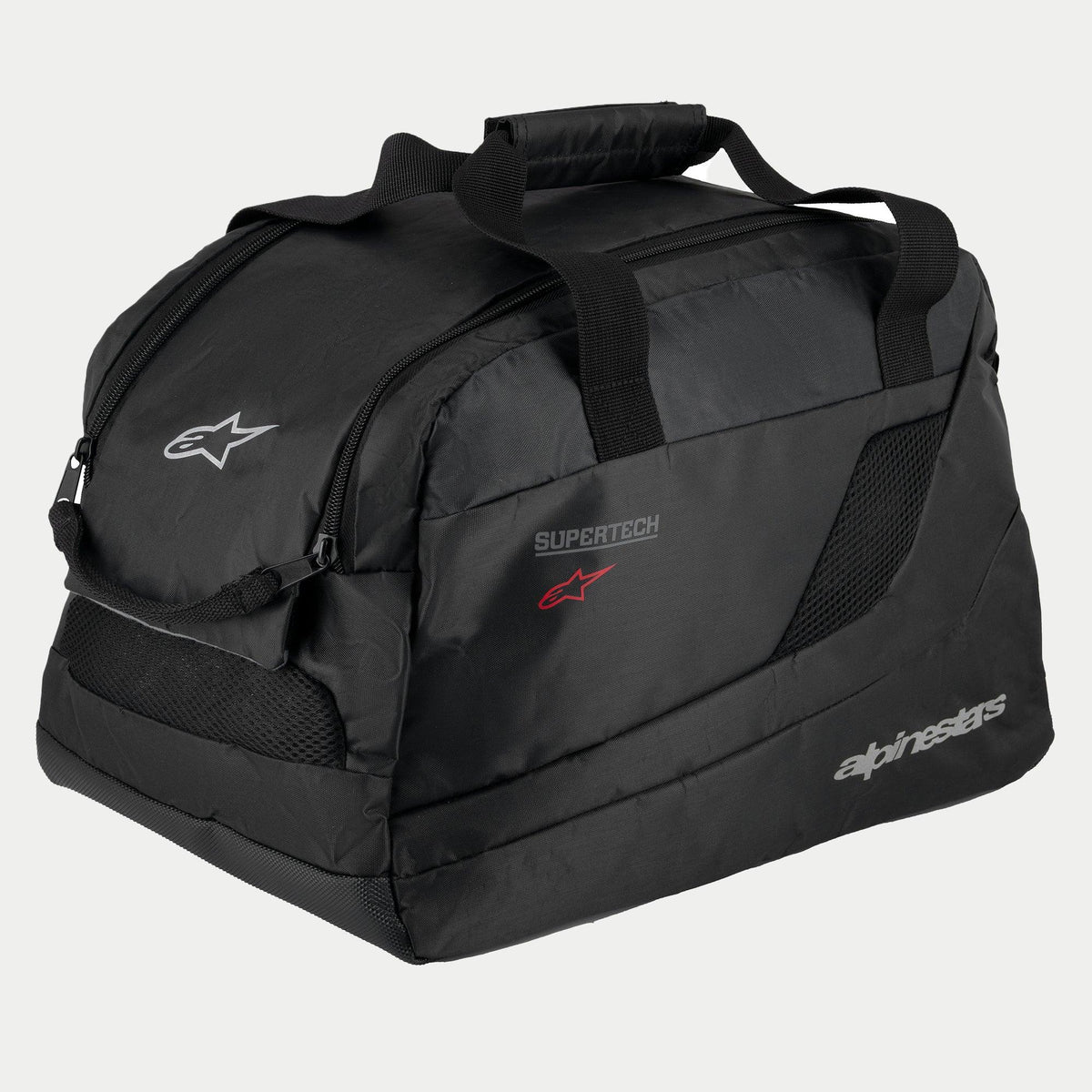 Sac à casque Alpinestars Supertech R10, noir, construction semi-rigide rembourrée pour casques de moto, doté de poignées de transport avec fermeture auto-agrippante, ouverture zippée, panneaux de ventilation en mesh et logos Alpinestars et Supertech réfléchissants