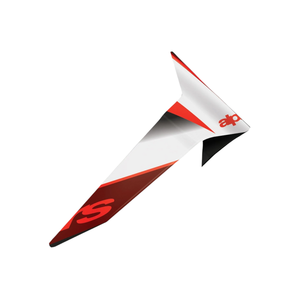 Spoiler standard Alpinestars Supertech R10 Team, accessoire pour casque de moto, finition brillante noir carbone, rouge et blanc, pièce de rechange aérodynamique au design angulaire et logos graphiques audacieux.