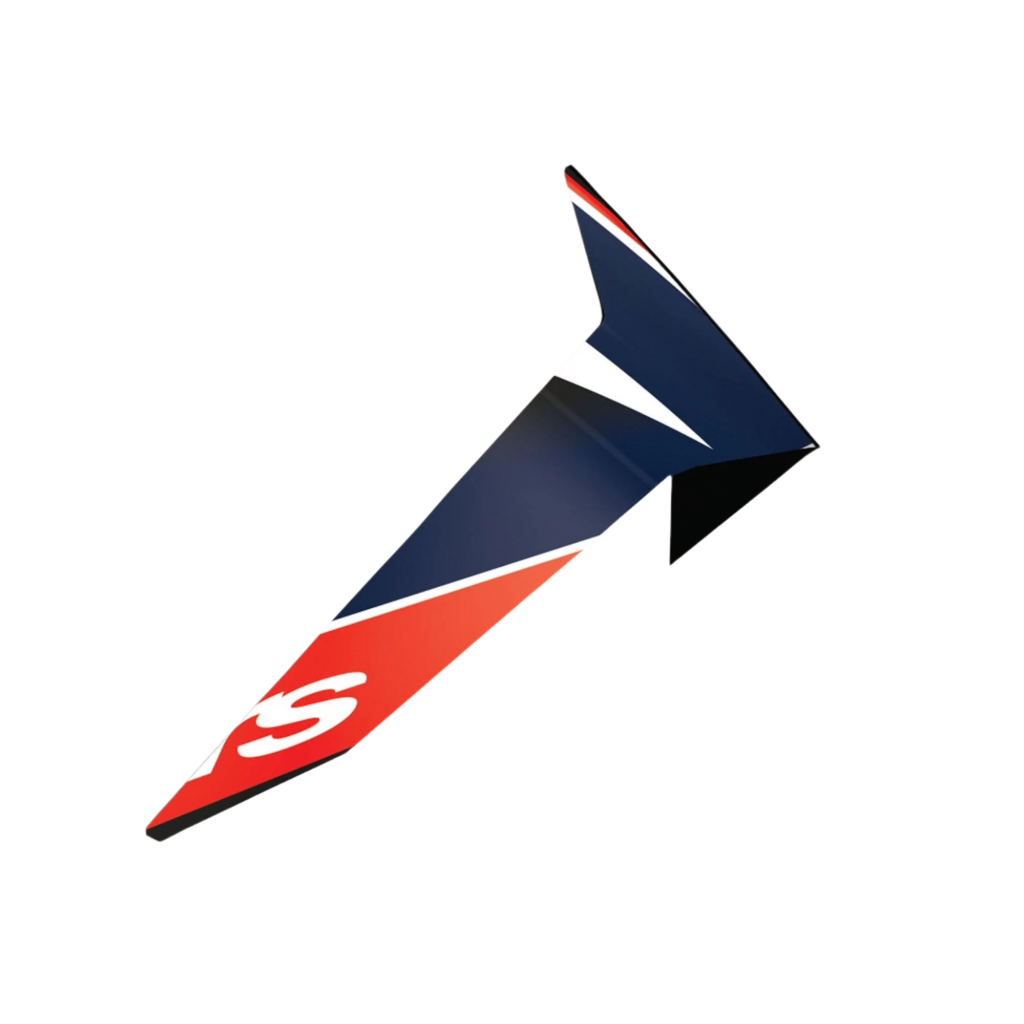 Spoiler standard Alpinestars Supertech R10 Team, accessoire pour casque de moto, noir carbone, rouge fluo et bleu foncé mat, design aérodynamique angulaire en forme d'aile avec logo S blanc, pièce de rechange officielle pour casques S-R10