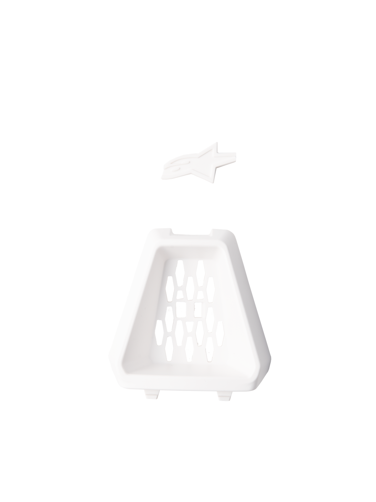 Évent de menton Alpinestars S-M3, pièce de rechange blanche pour casque de moto, composant de ventilation triangulaire avec motif hexagonal en nid d'abeille et logo étoile séparé, construction en plastique durable