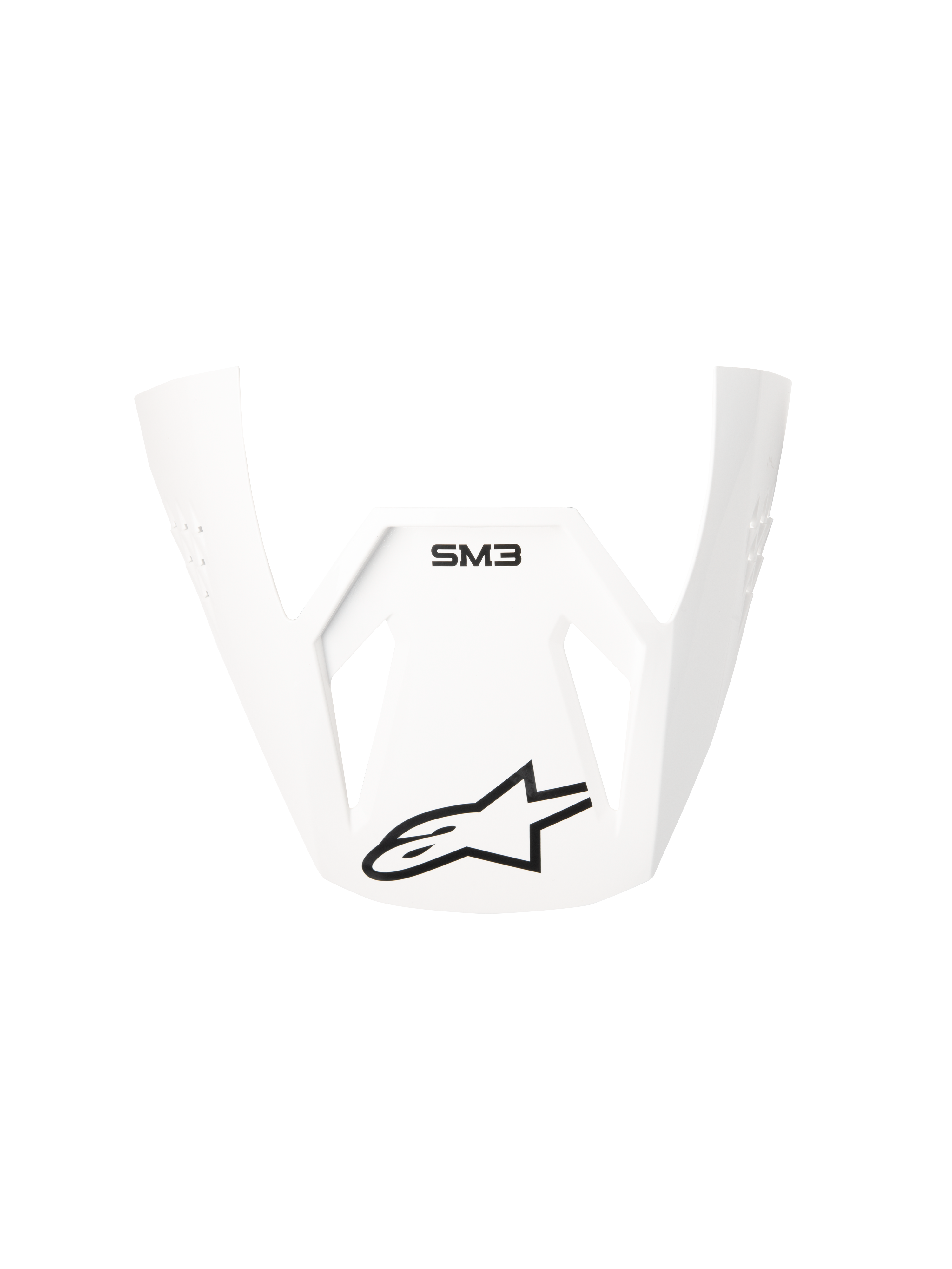 Alpinestars S-M3 Solid ECE06 Visor, White Glossy replacement peak for motocross helmets, featuring black SM3 branding and Alpinestars star logo, angular and aerodynamic design for off-road performance