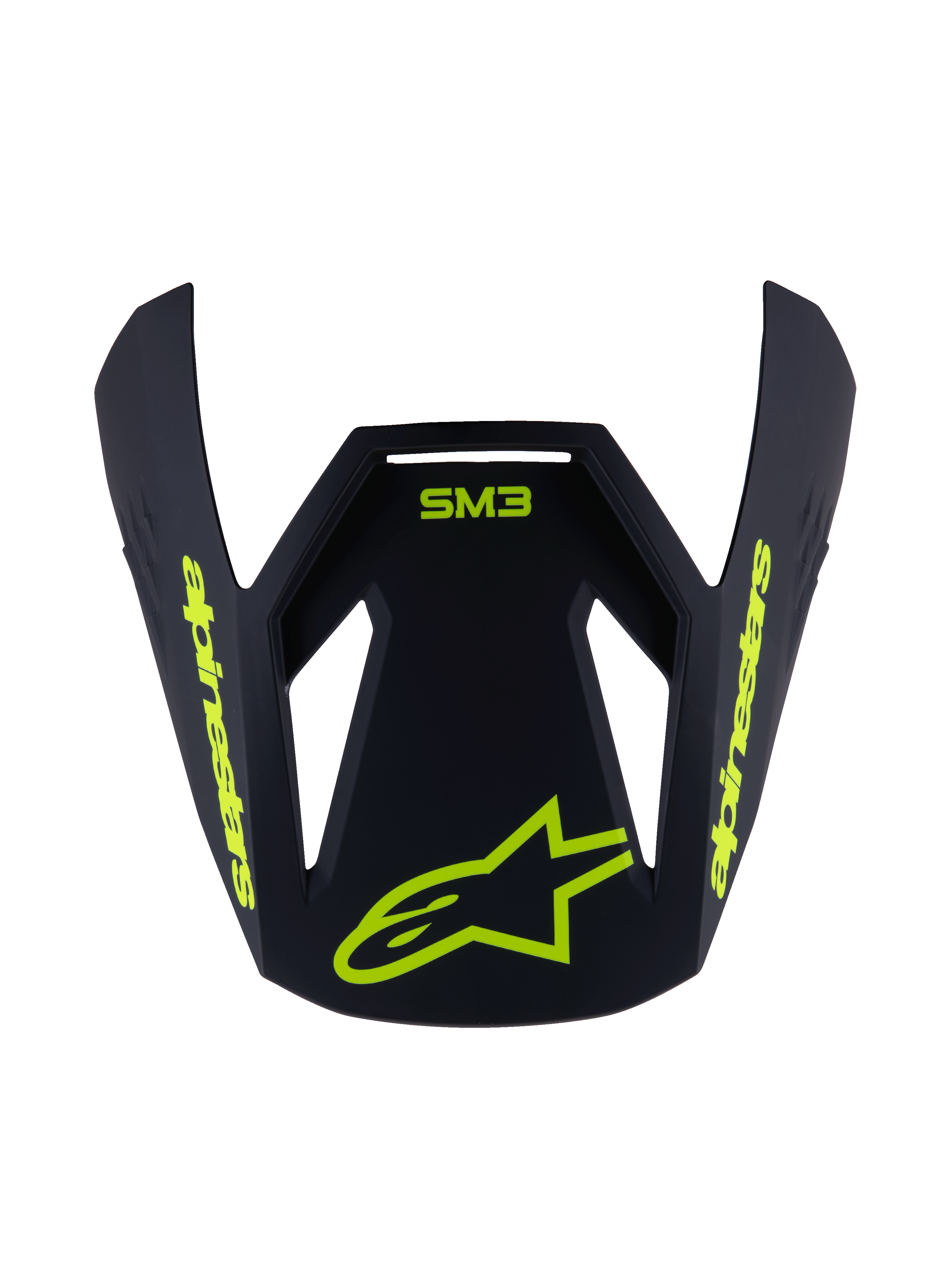 Visière Alpinestars S-M3 Youth Radium, visière de rechange pour casque, noir mat avec graphismes jaune fluo, logo SM3 et marquage Alpinestars, design aérodynamique angulaire pour casques de motocross