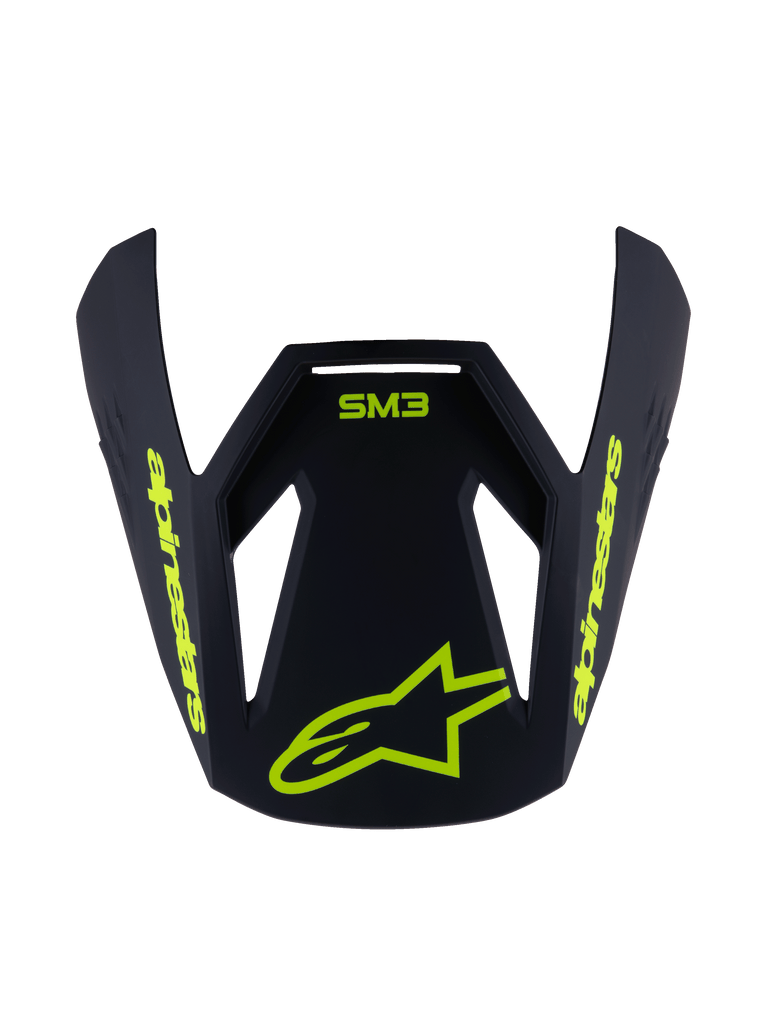 Visière Alpinestars S-M3 Youth Radium, visière de rechange pour casque, noir mat avec graphismes jaune fluo, logo SM3 et marquage Alpinestars, design aérodynamique angulaire pour casques de motocross