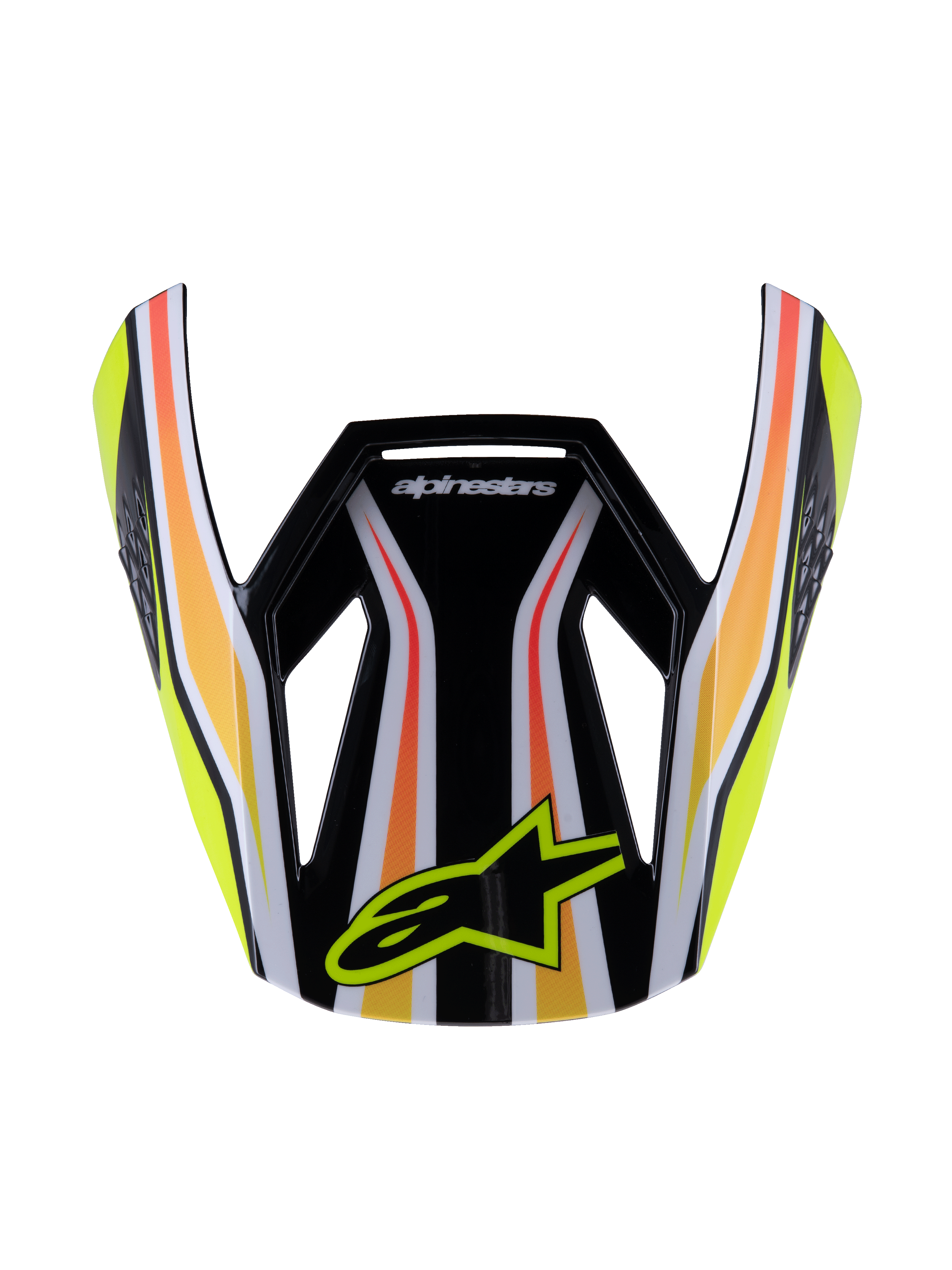 Alpinestars S-M3 Youth Wurx Visor, visière de casque de motocross, noire avec rayures jaunes, orange et rouges, logo Alpinestars jaune, design aérodynamique brillant, visière de rechange pour course tout-terrain jeunesse