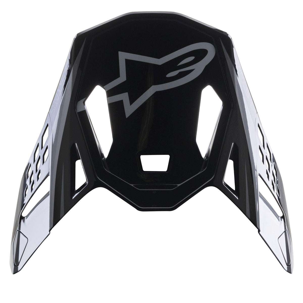 Visière Alpinestars Supertech M10 Carbon Meta2, accessoire pour casque de motocross, noir et gris brillant, avec logo A-star gris à l'avant, design aérodynamique avec découpes de ventilation pour la course tout-terrain