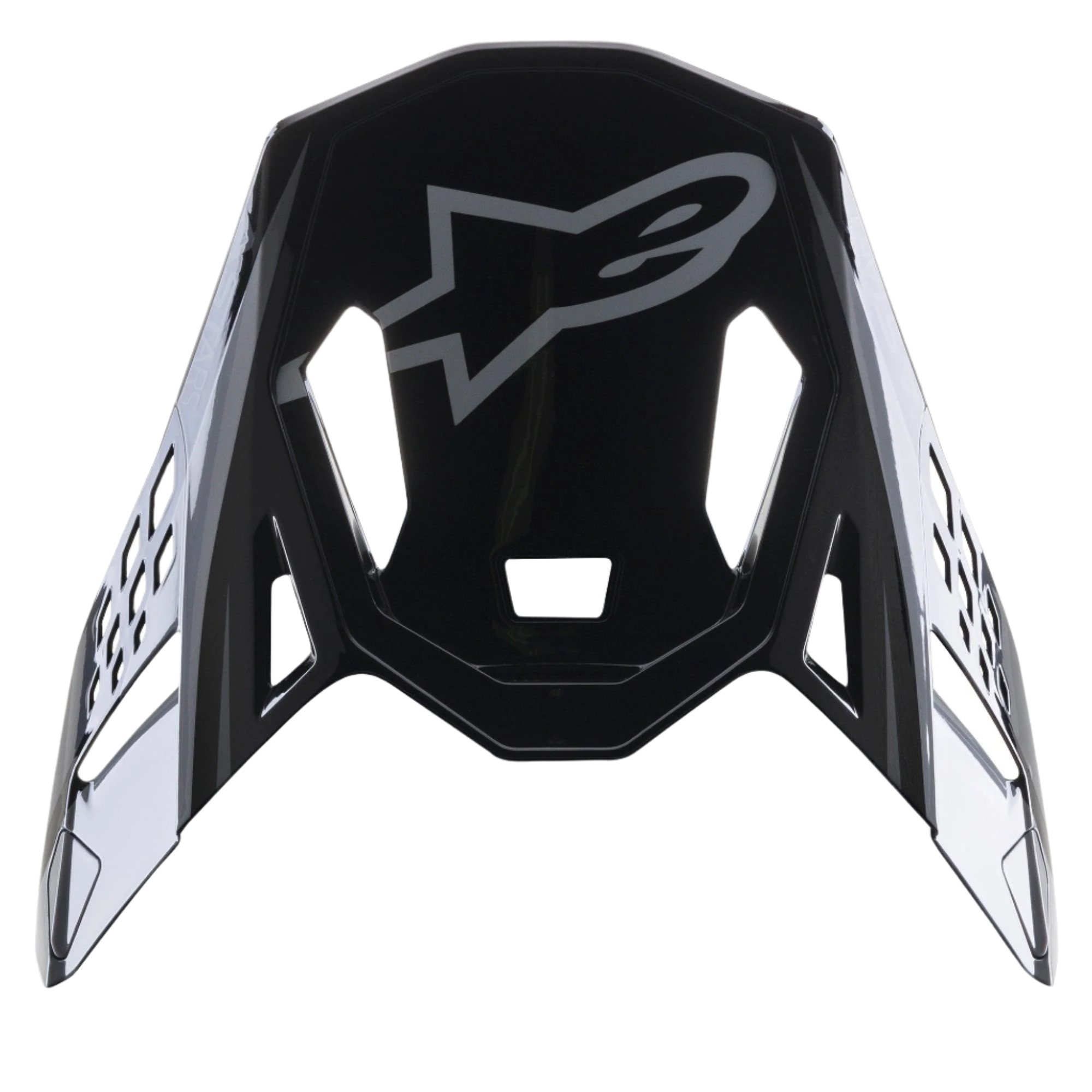 Visière Alpinestars Supertech M10 Carbon Meta2, visière de rechange noir et gris brillant, arborant un logo Alpinestars gris et des découpes de ventilation aérodynamiques, accessoire pour casque de motocross