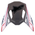 Visière Alpinestars Supertech M10 Carbon Meta2, visière de rechange pour casque, blanc, rouge et bleu avec finition brillante, logo Astars noir et graphismes dynamiques, conçue pour les casques de motocross tout-terrain