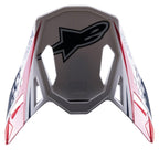 Visière Alpinestars Supertech M10 Carbon Meta2, visière de rechange pour casque, blanc, rouge et bleu avec finition brillante, logo Astars noir et graphismes dynamiques, conçue pour les casques de motocross tout-terrain