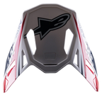 Visière Alpinestars Supertech M10 Carbon Meta2, accessoire pour casque de motocross, finition brillante blanc, rouge et bleu, avec un grand logo Astar noir sur le dessus et marquage latéral, design aérodynamique et ouvertures de ventilation pour casques tout-terrain