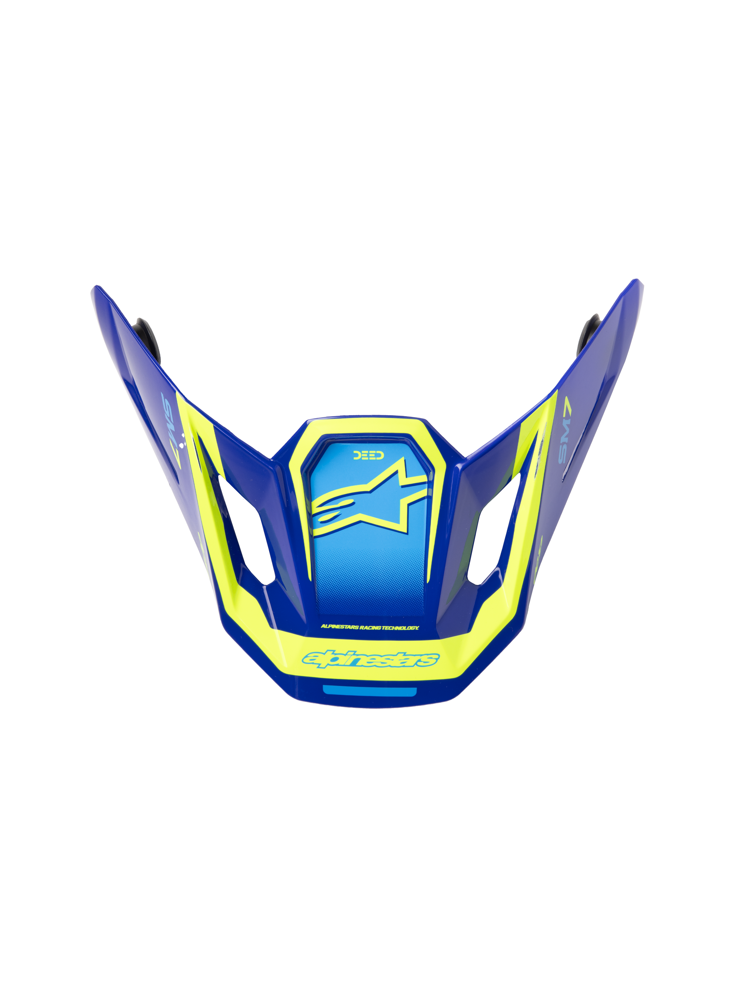 Alpinestars S-M7 Deed ECE06 Visor, Motocross helmet replacement peak, Blue and Yellow Fluo with glossy finish, angular aerodynamic design with side vents, featuring prominent yellow Alpinestars logos and graphics