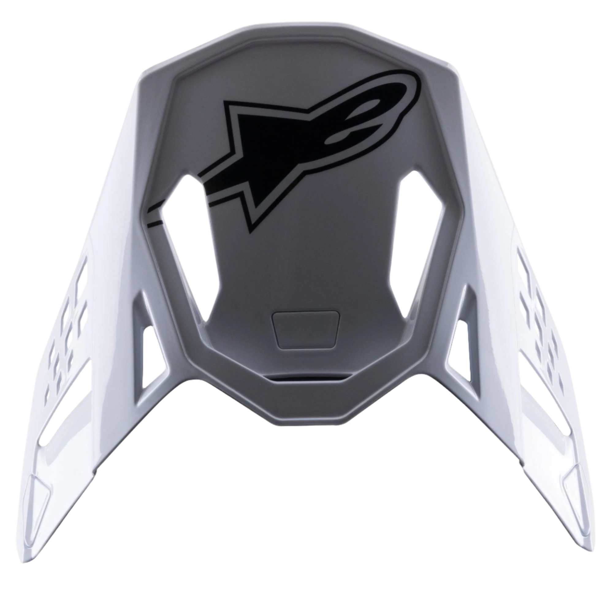 Visière Alpinestars S-M8 Factory, visière de rechange pour casque de motocross, blanche avec logo Alpinestars noir, finition brillante, design aérodynamique avec découpes de ventilation
