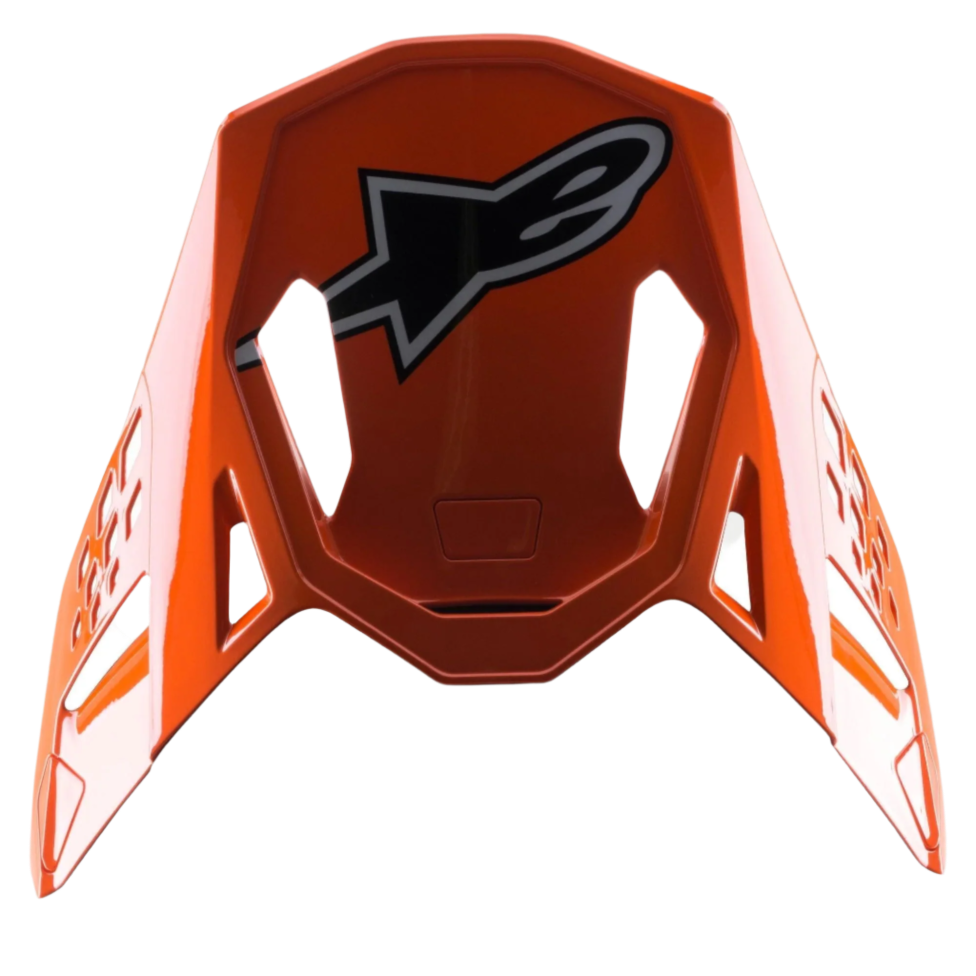Visière Alpinestars S-M8 Factory, accessoire pour casque de motocross, orange brillant avec un grand logo Alpinestars noir et blanc, découpes de ventilation aérodynamiques, visière de rechange pour les casques Supertech M8