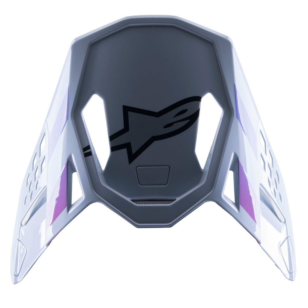 Visière Alpinestars Supertech M10 Daytona 23 LE, visière de remplacement pour motocross, gris avec des accents violets et blancs, logo noir sur le dessous, design léger et aéré pour la course MX