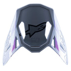 Visière Alpinestars Supertech M10 Daytona 23 LE, visière de remplacement pour motocross, gris avec des accents violets et blancs, logo noir sur le dessous, design léger et aéré pour la course MX