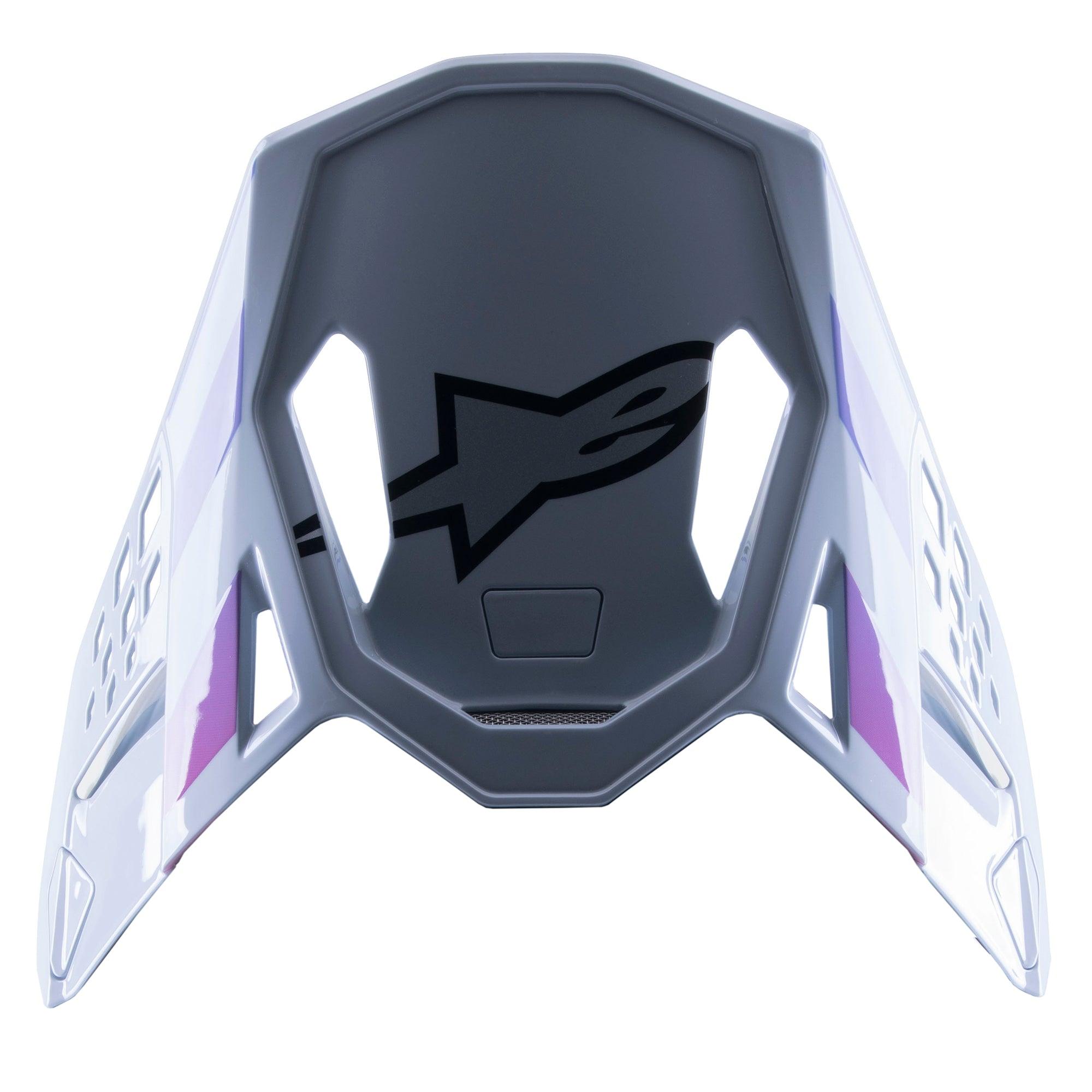 Visière Alpinestars Supertech M10 Daytona 23 LE, visière de remplacement pour motocross, gris avec des accents violets et blancs, logo noir sur le dessous, design léger et aéré pour la course MX