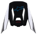 Visière Alpinestars S-M5 Bond, visière de rechange pour casque de motocross, noir et cyan brillant, avec logo étoile Alpinestars bleu et panneaux latéraux blancs arborant le texte « ASTARS », conçue pour la course tout-terrain