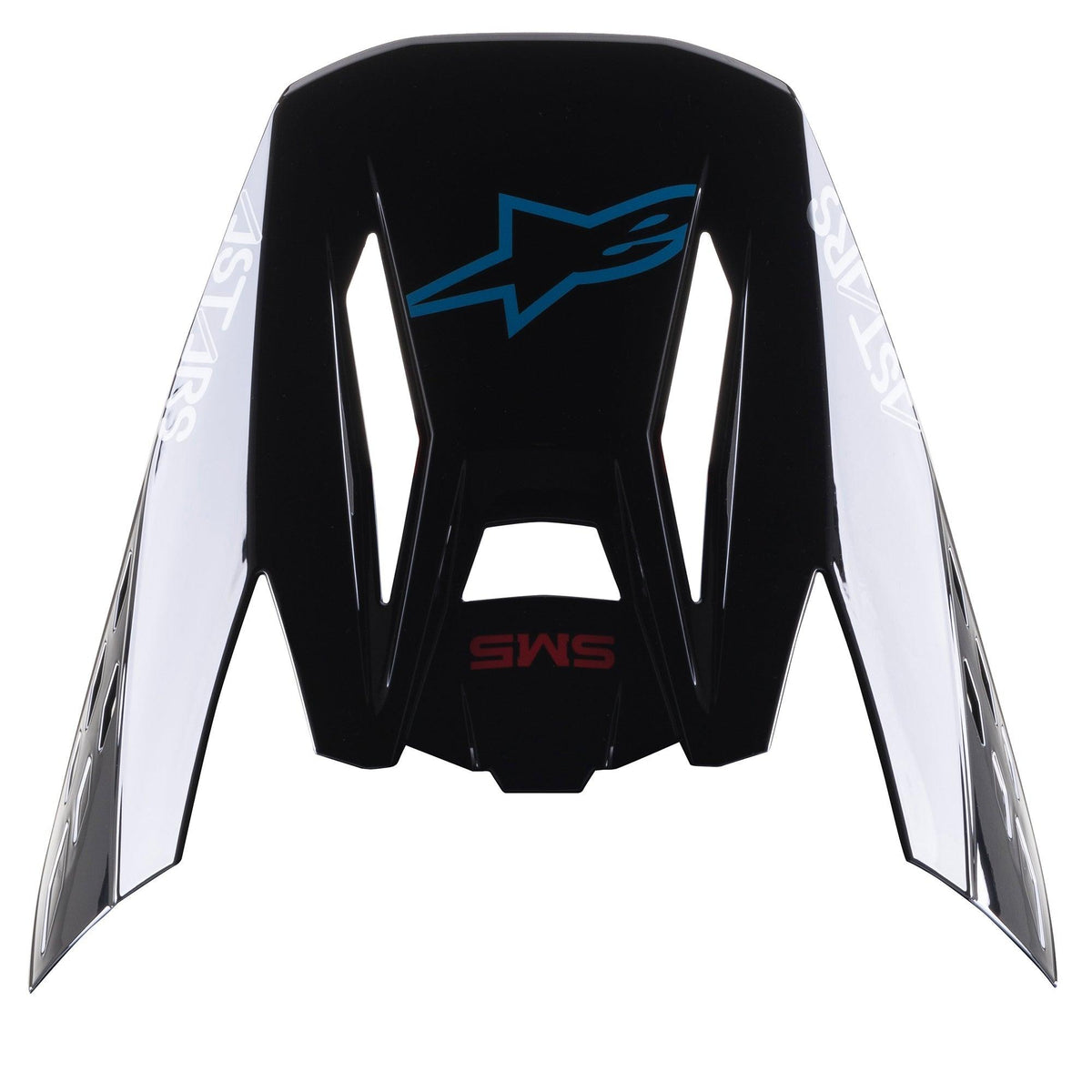 Visière Alpinestars S-M5 Bond, visière de rechange pour casque de motocross, noir et cyan brillant, avec logo étoile Alpinestars bleu et panneaux latéraux blancs arborant le texte « ASTARS », conçue pour la course tout-terrain