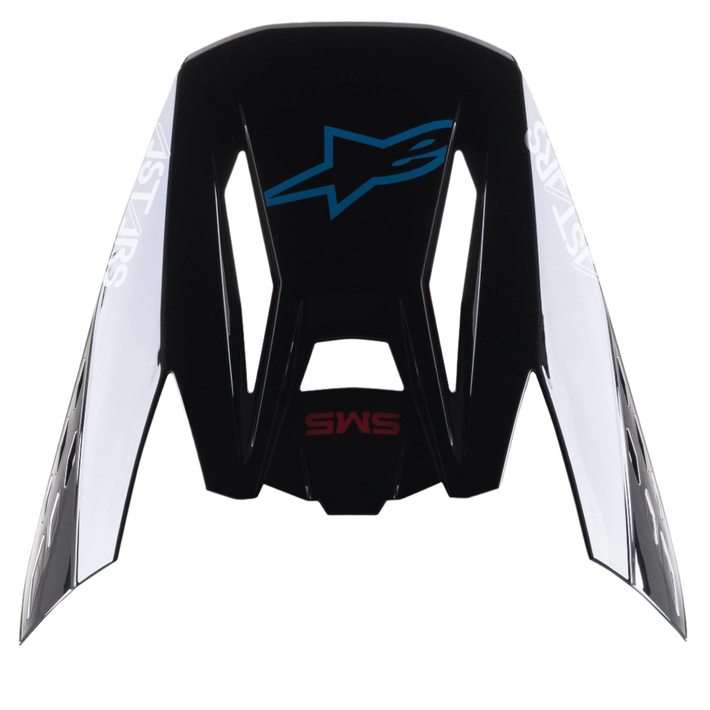 Alpinestars S-M5 Bond Helmet Visor, visière de rechange pour casques de motocross, noir et cyan brillant avec marquage latéral Astars blanc, vue de dessus avec logo étoile bleu et texte SM5 rouge