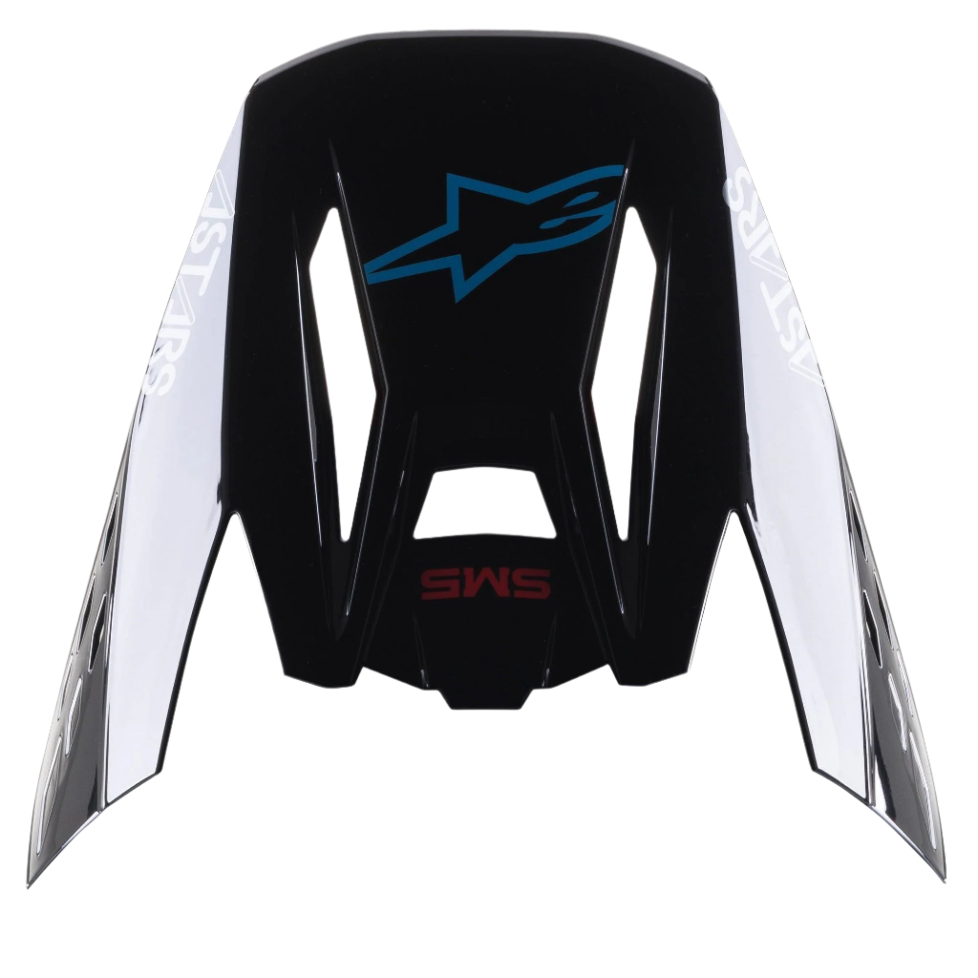 Alpinestars S-M5 Bond Helmet Visor, visière de rechange pour casques de motocross, noir et cyan brillant avec marquage latéral Astars blanc, vue de dessus avec logo étoile bleu et texte SM5 rouge