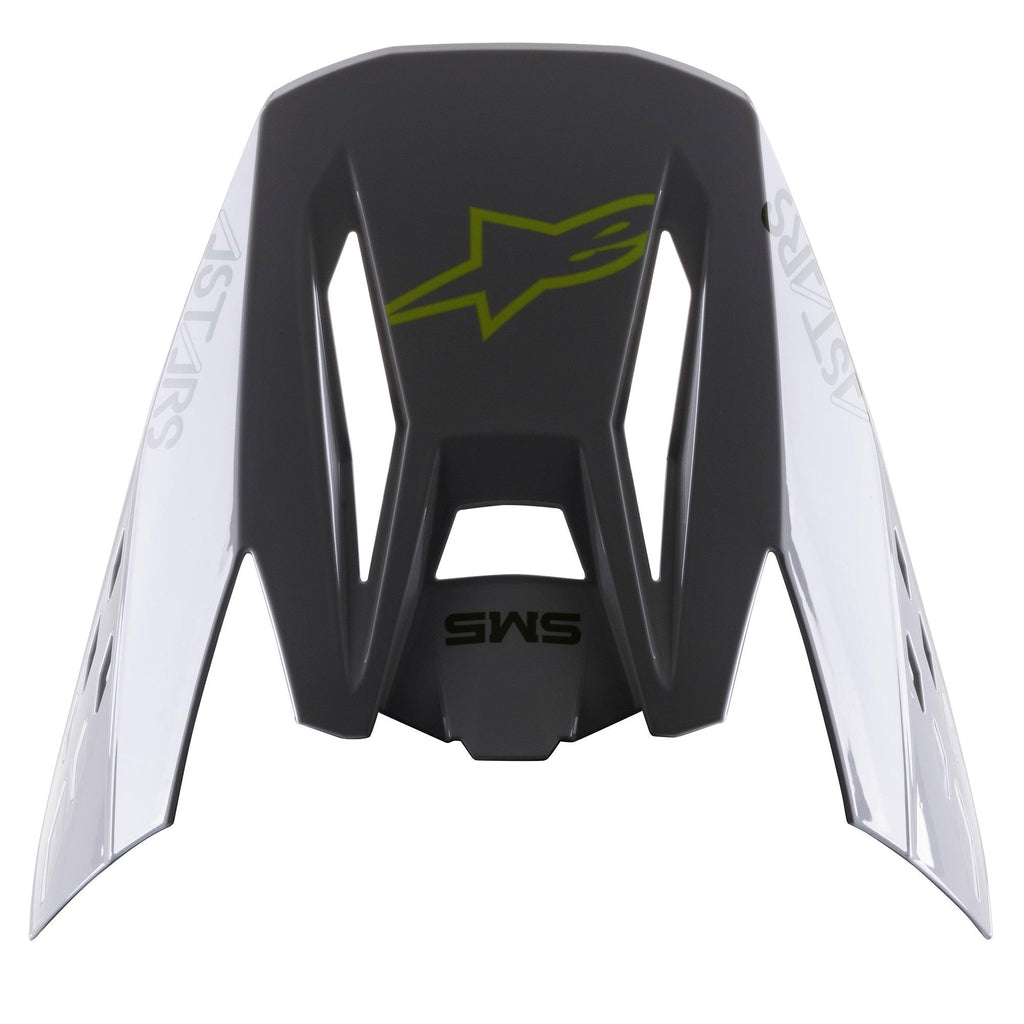 Visière Alpinestars S-M5 Bond, visière de rechange pour casque, Argent Jaune Fluo Brillant, avec logo étoile jaune fluo central, texte SM5 et panneaux latéraux blancs avec marquage ASTARS, finition brillante pour la protection en motocross