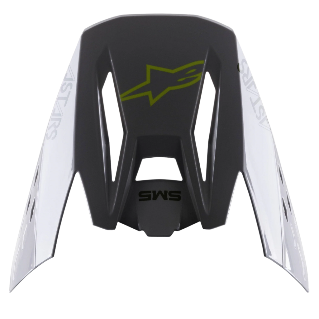 Visière Alpinestars S-M5 Bond, accessoire pour casque, Argent Jaune Fluo Brillant, section centrale gris foncé avec logo jaune fluo, panneaux latéraux argentés avec logo Astars, finition brillante, visière de rechange pour casques de motocross S-M5
