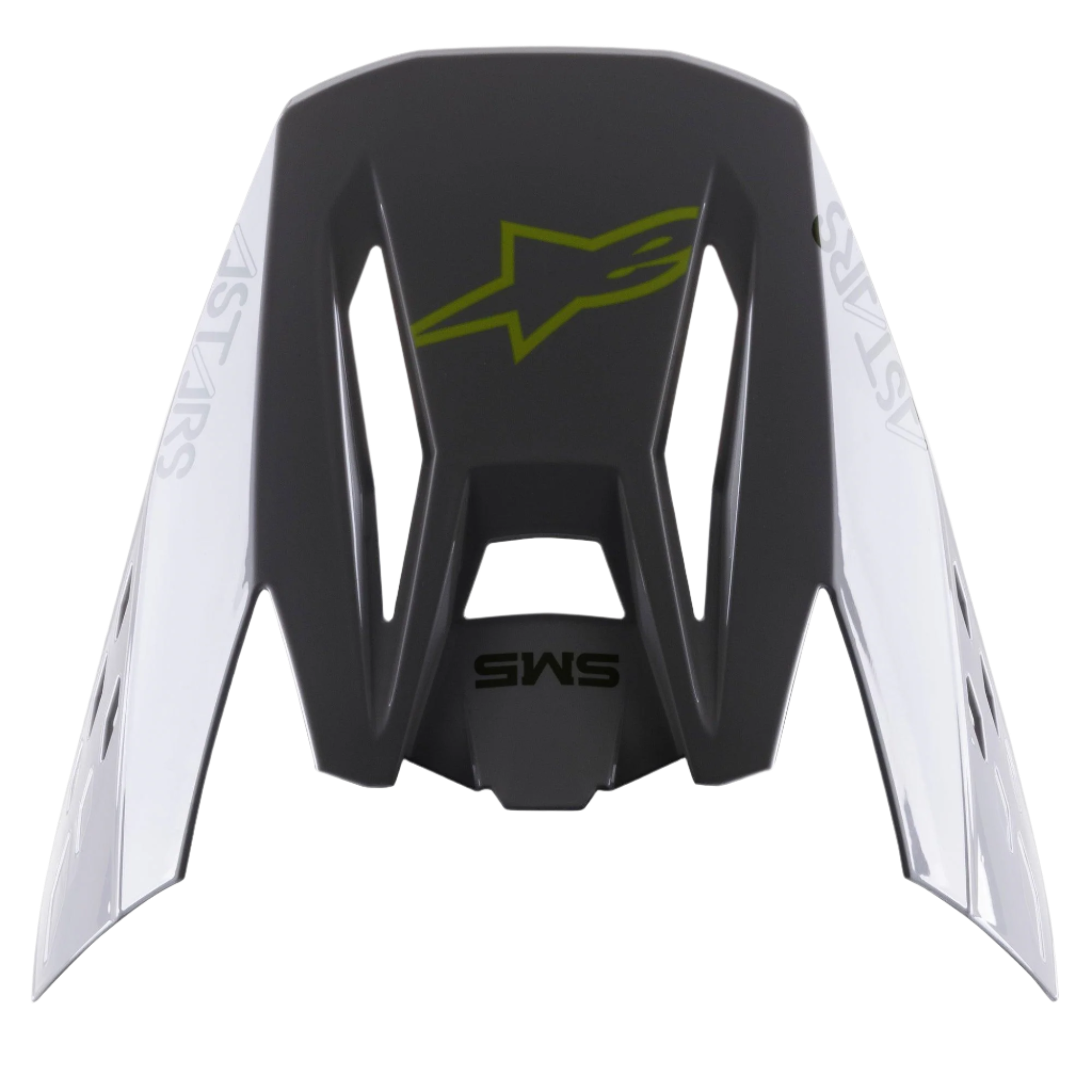 Alpinestars S-M5 Bond Visor, Helmet Accessory, Silver Yellow Fluo Glossy, dark grey central section with a yellow fluo logo, silver side panels featuring Astars branding, glossy finish, replacement peak for S-M5 motocross helmets