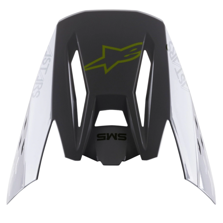Alpinestars S-M5 Bond Visor, Helmet Accessory, Silver Yellow Fluo Glossy, dark grey central section with a yellow fluo logo, silver side panels featuring Astars branding, glossy finish, replacement peak for S-M5 motocross helmets