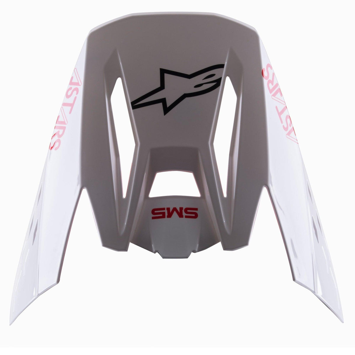 Visière Alpinestars S-M5 Bond blanc et rouge brillant, visière de rechange pour casque de motocross, blanc brillant avec marquages ASTARS et SM5 rouges, logo étoile noir, conception aérodynamique pour la course tout-terrain