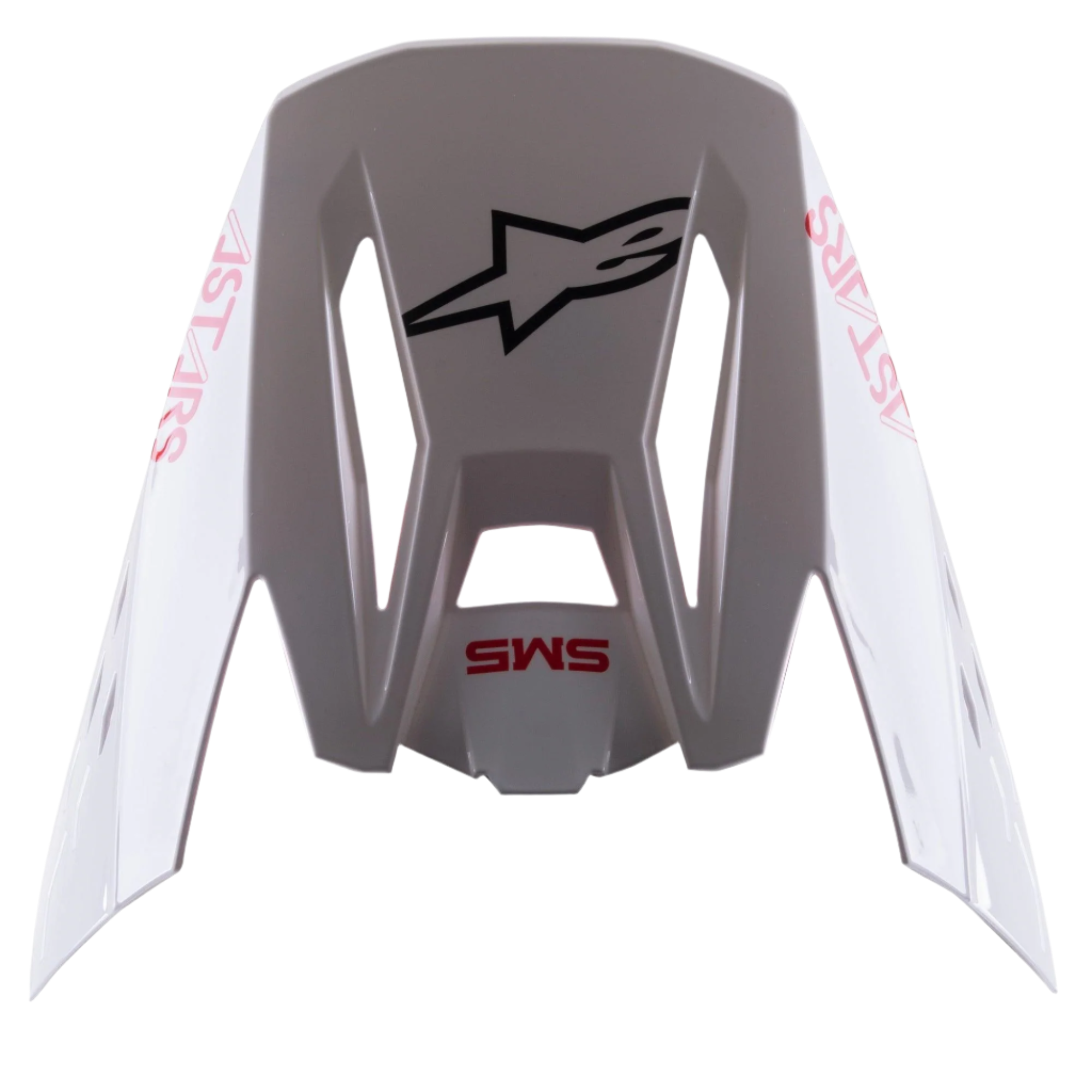 Alpinestars S-M5 Bond White Red Glossy Visor, visière de rechange pour casque de motocross, finition blanc brillant avec marquages 'SM5' et 'ASTARS' en rouge, logo étoile noir central, accessoire à clipser pour équipement de course tout-terrain