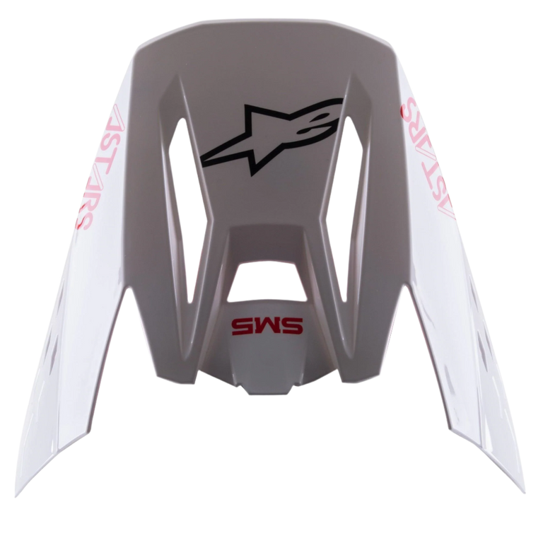 Alpinestars S-M5 Bond White Red Glossy Visor, replacement motocross helmet peak, featuring a glossy white finish with red 'SM5' and 'ASTARS' branding, central black star logo, snap-on accessory for off-road racing gear