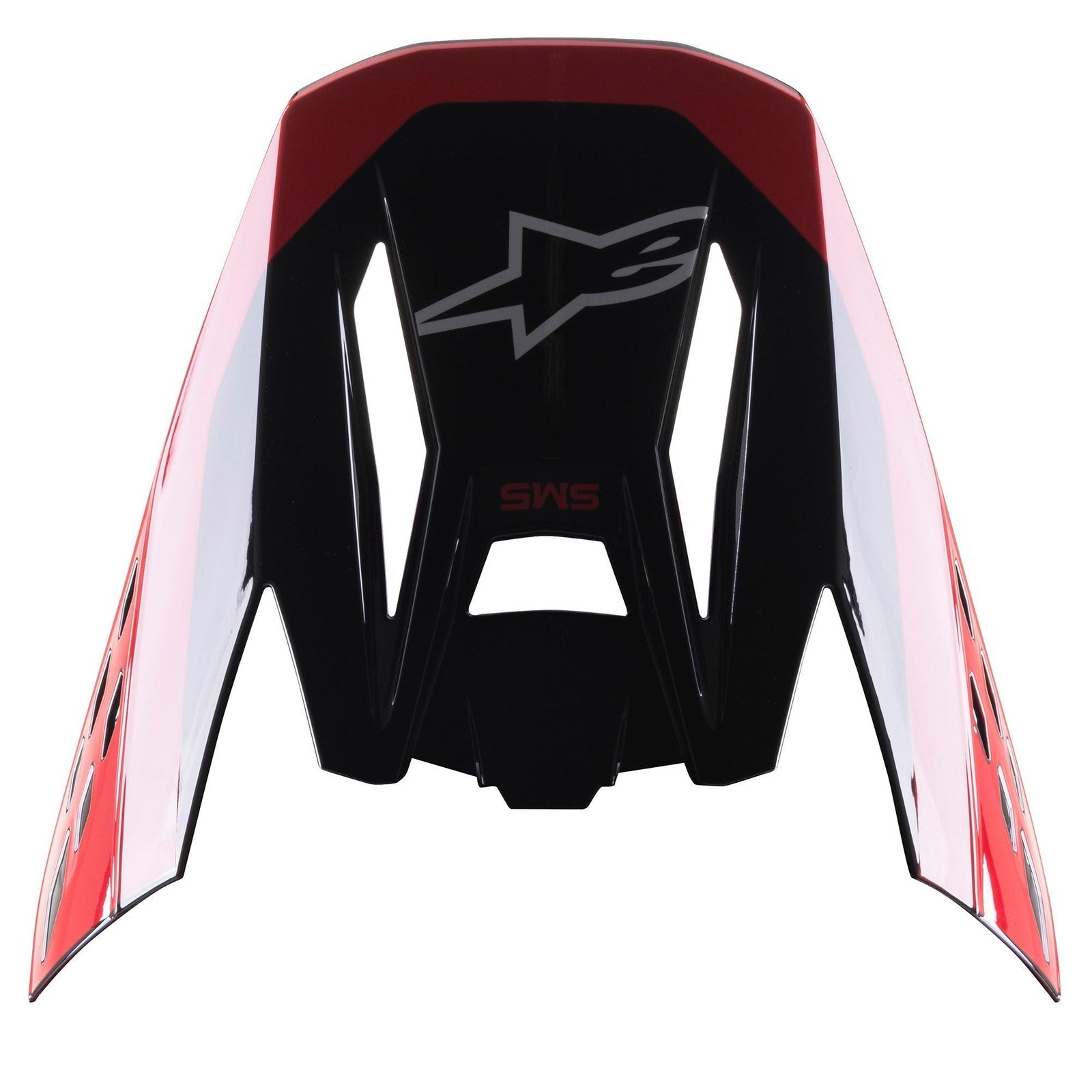 Alpinestars S-M5 Beam Visor, Motocross Helmet Accessory, Glossy Black and Red, featuring a grey star logo and red SM5 branding, replacement visor for off-road racing gear
