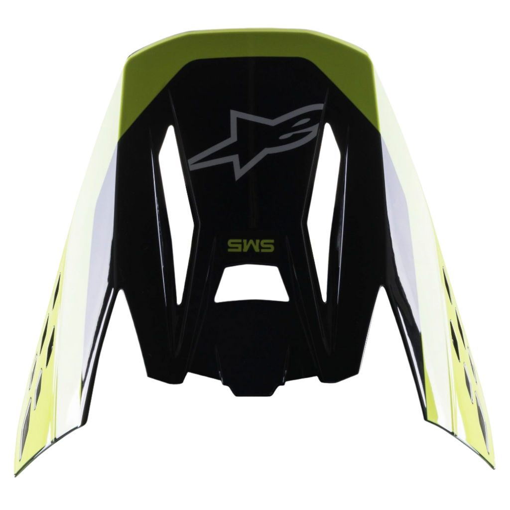 Visière Alpinestars S-M5 Beam, accessoire de casque, noir et jaune fluo brillant, avec le logo étoilé Alpinestars et le marquage SM5, visière de rechange pour casques de motocross