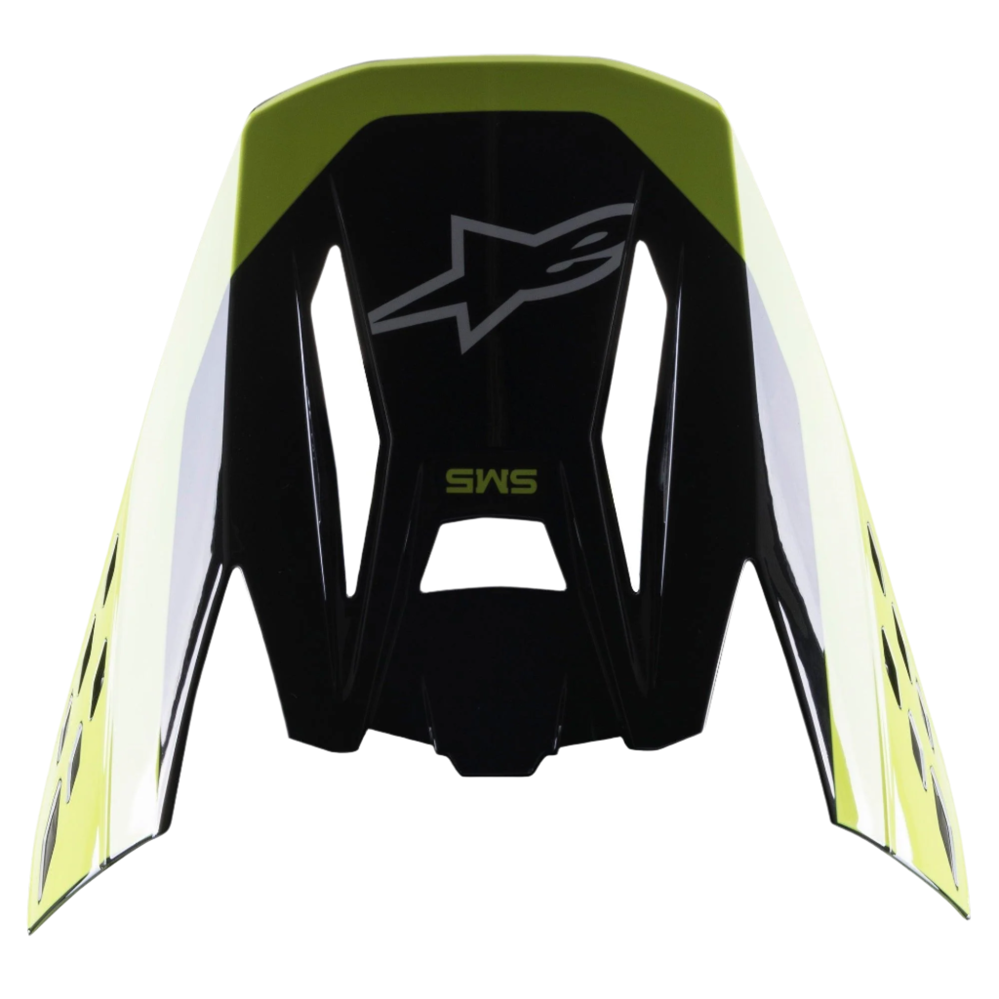 Visière Alpinestars S-M5 Beam, accessoire de casque, noir et jaune fluo brillant, avec le logo étoilé Alpinestars et le marquage SM5, visière de rechange pour casques de motocross