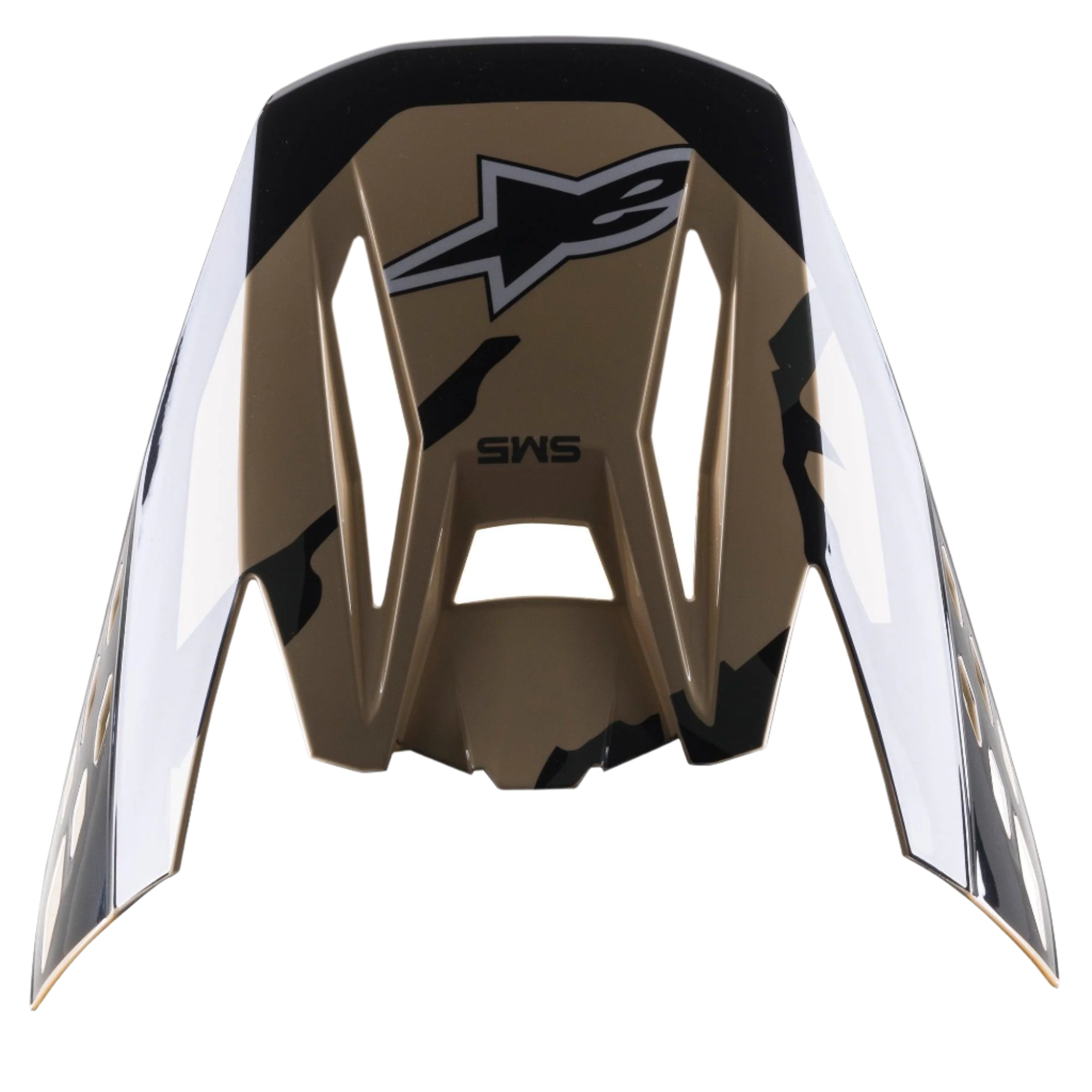 Visière Alpinestars S-M5 Rover, visière de rechange pour casque, Sand Tangerine Camo Glossy, base marron avec des accents de camouflage noirs, arborant le logo Alpinestars et le marquage SM5, design angulaire pour casques de motocross
