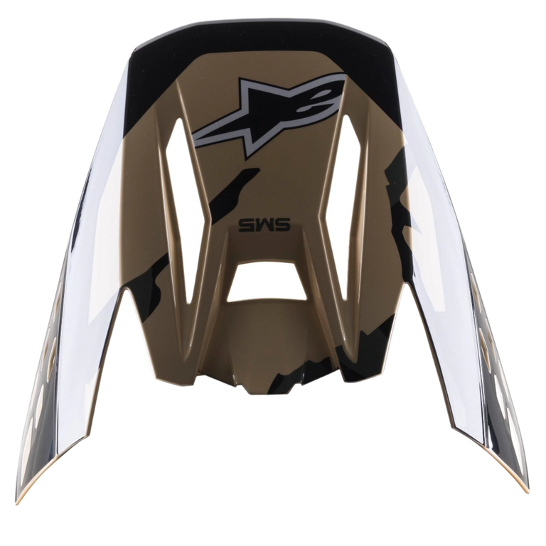 Alpinestars S-M5 Rover Visor, Replacement Helmet Peak, Sand Tangerine Camo Glossy, brown base with black camouflage accents, featuring Alpinestars logo and SM5 branding, angular design for motocross helmets