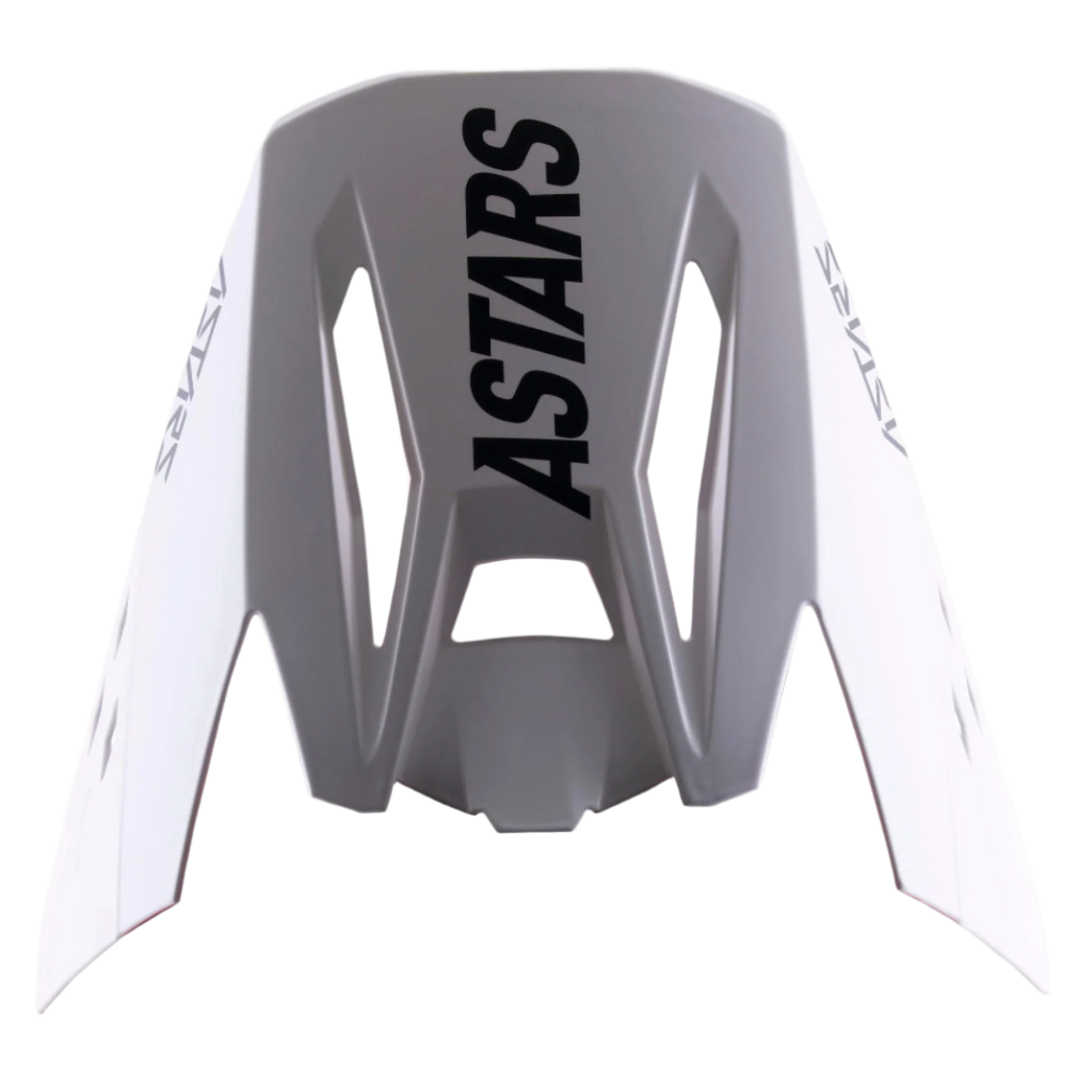 Visière Alpinestars S-M5 Rayon, visière de rechange pour casque de motocross, noir et gris mat, avec marquage ASTARS noir audacieux sur le dessus et les côtés, construction en plastique durable avec découpes aérodynamiques pour la conduite tout-terrain