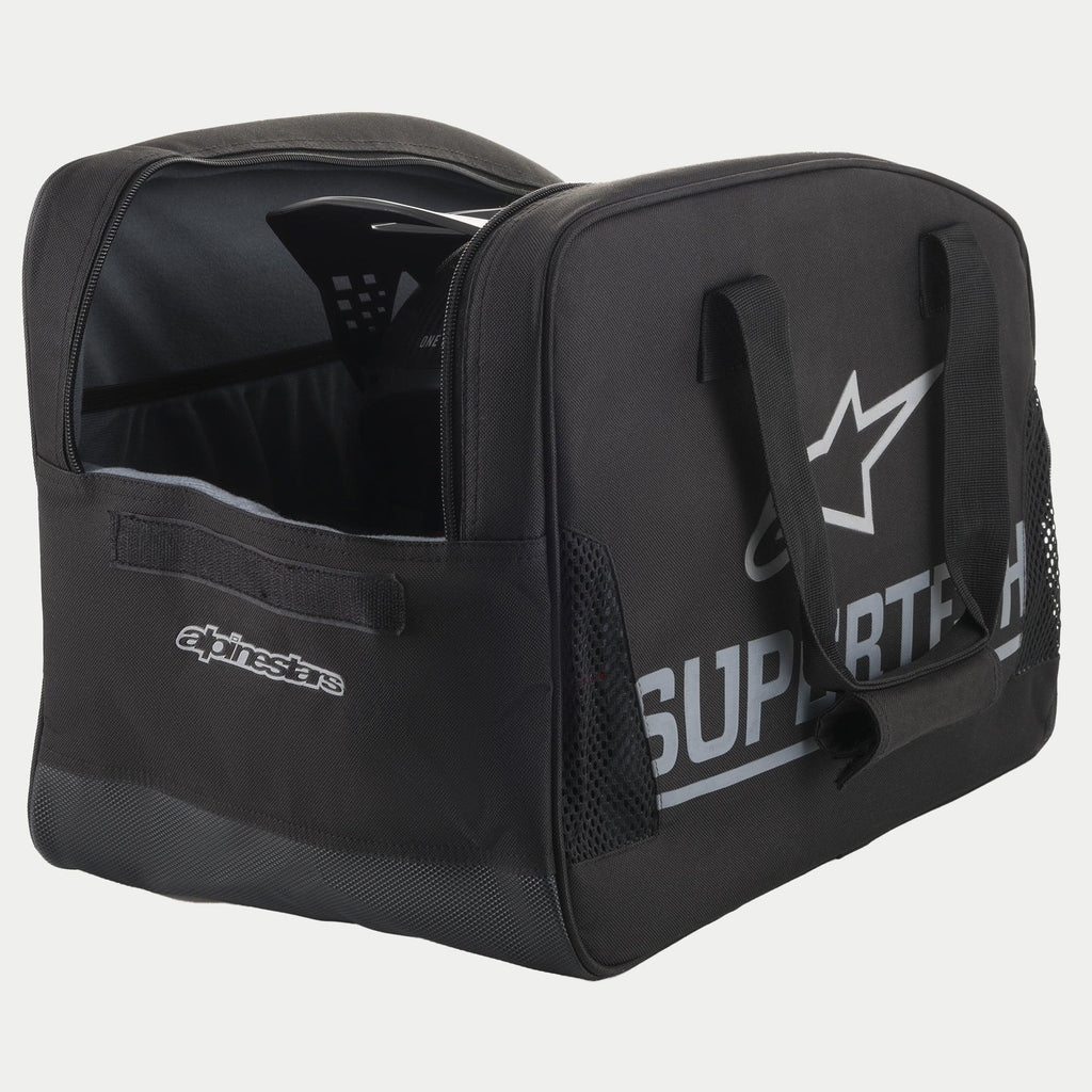 Sac pour casque Alpinestars Supertech Semi Rigid, sac de transport pour casque de motocross noir avec marquage argenté et poignées résistantes