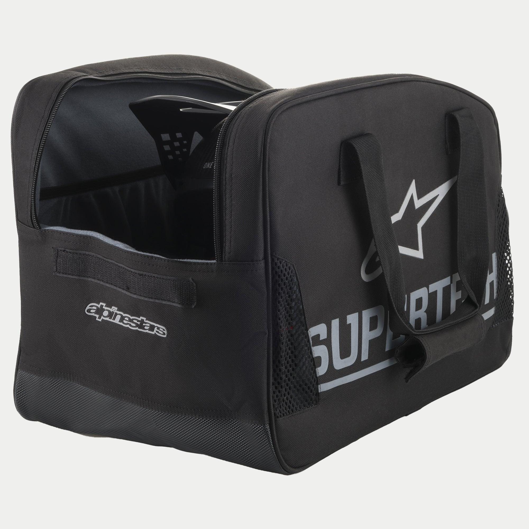 Sac pour casque Alpinestars Supertech Semi Rigid, sac de transport pour casque de motocross noir avec marquage argenté et poignées résistantes