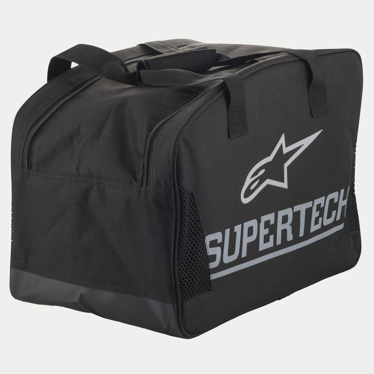 Sac semi-rigide Alpinestars Supertech, noir et argenté, avec construction durable et poignées de transport robustes pour équipement de protection moto